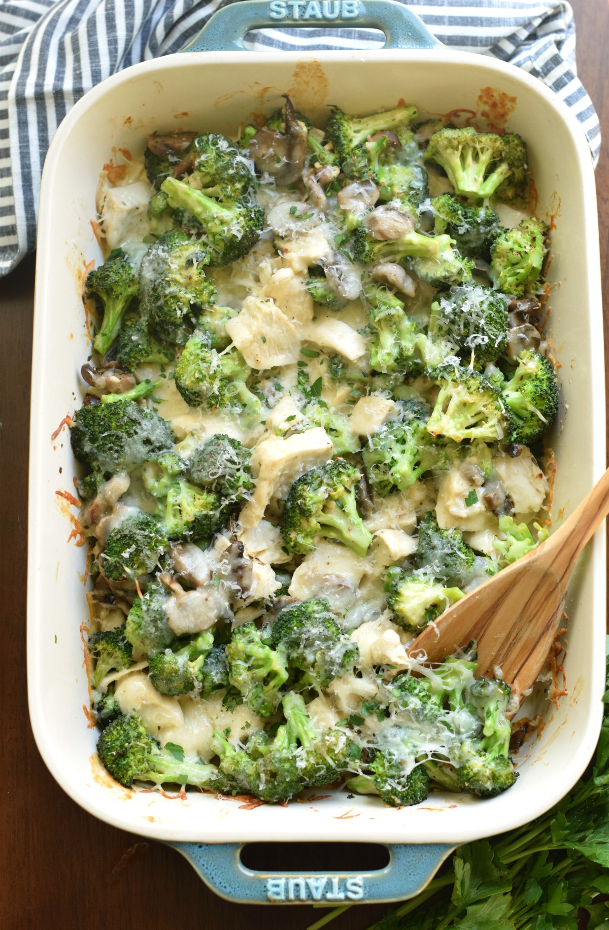 Chicken broccoli casserole in 13x9 baking dish.