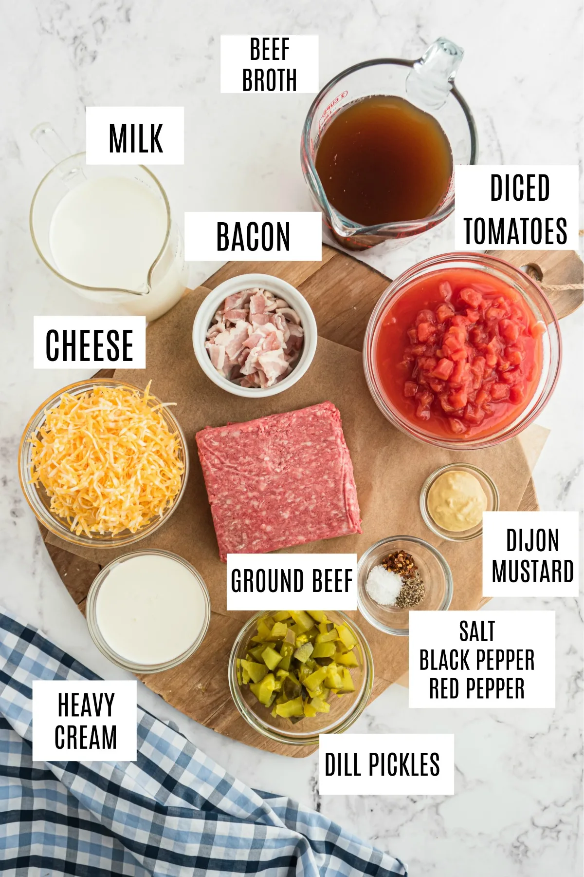 Cheeseburger soup ingredients.