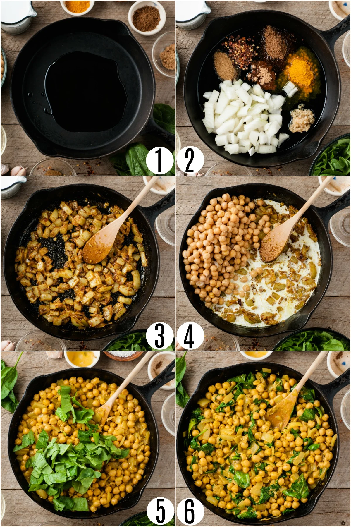 Step by step photos showing how to make chickpea curry.