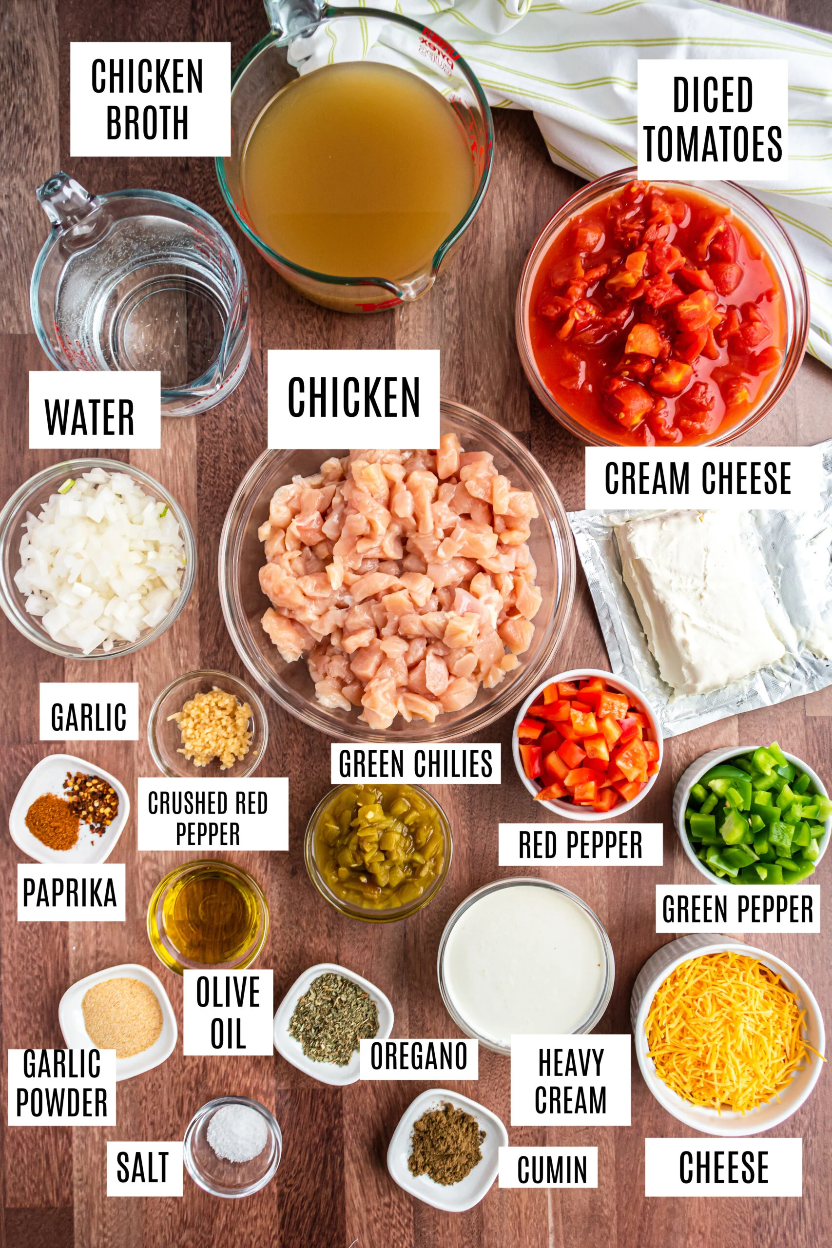 Ingredients needed for pressure cooker chicken fajita soup.