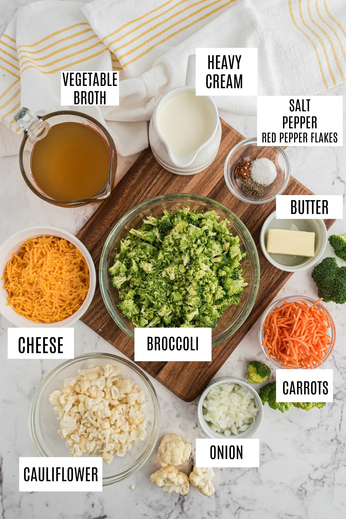 Ingredients needed to make gluten free broccoli cheese soup.
