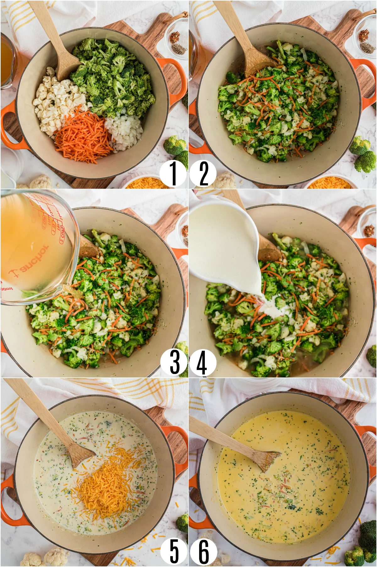 Step by step photos showing how to make low carb broccoli cheese soup.