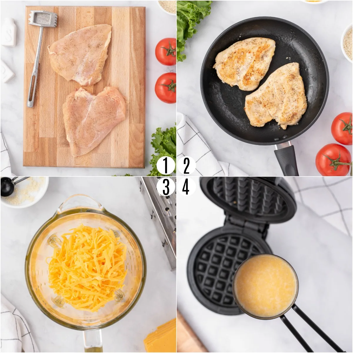 Step by step photos showing how to cook chicken and chaffles.