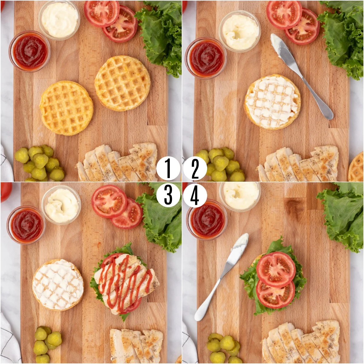 Step by step photos showing how to assemble chicken cheddar chaffle sandwich.