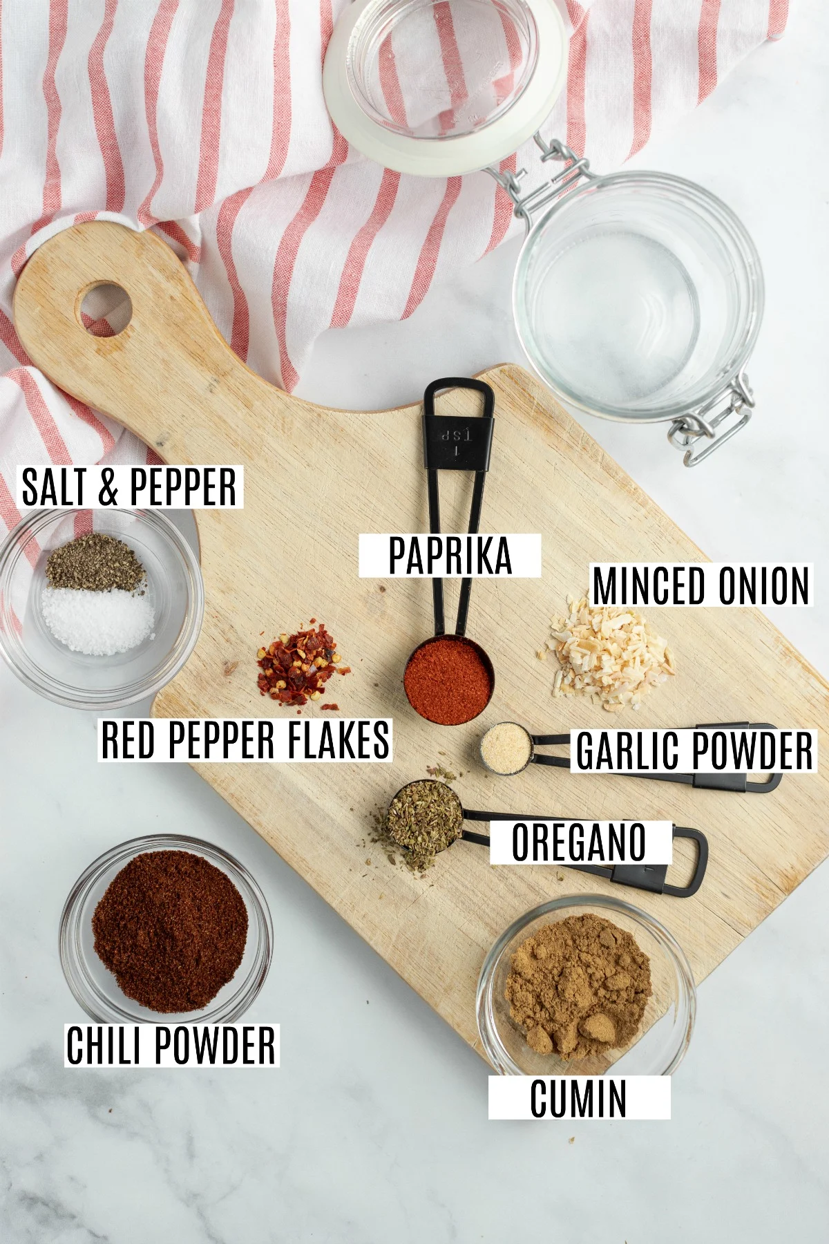 Ingredients needed for homemade taco seasoning mix.