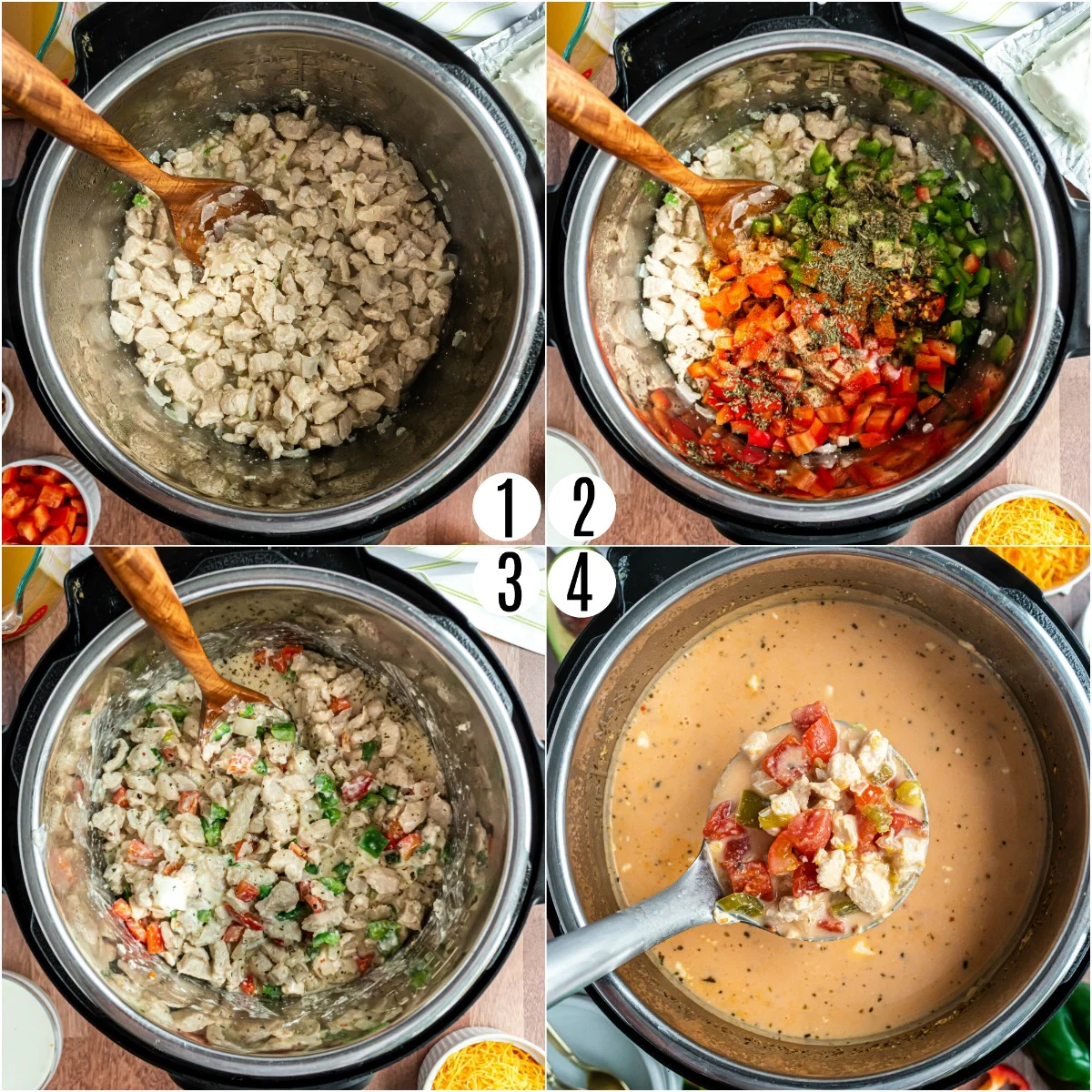 Step by step photos showing how to make low carb chicken fajita soup in the Instant Pot.
