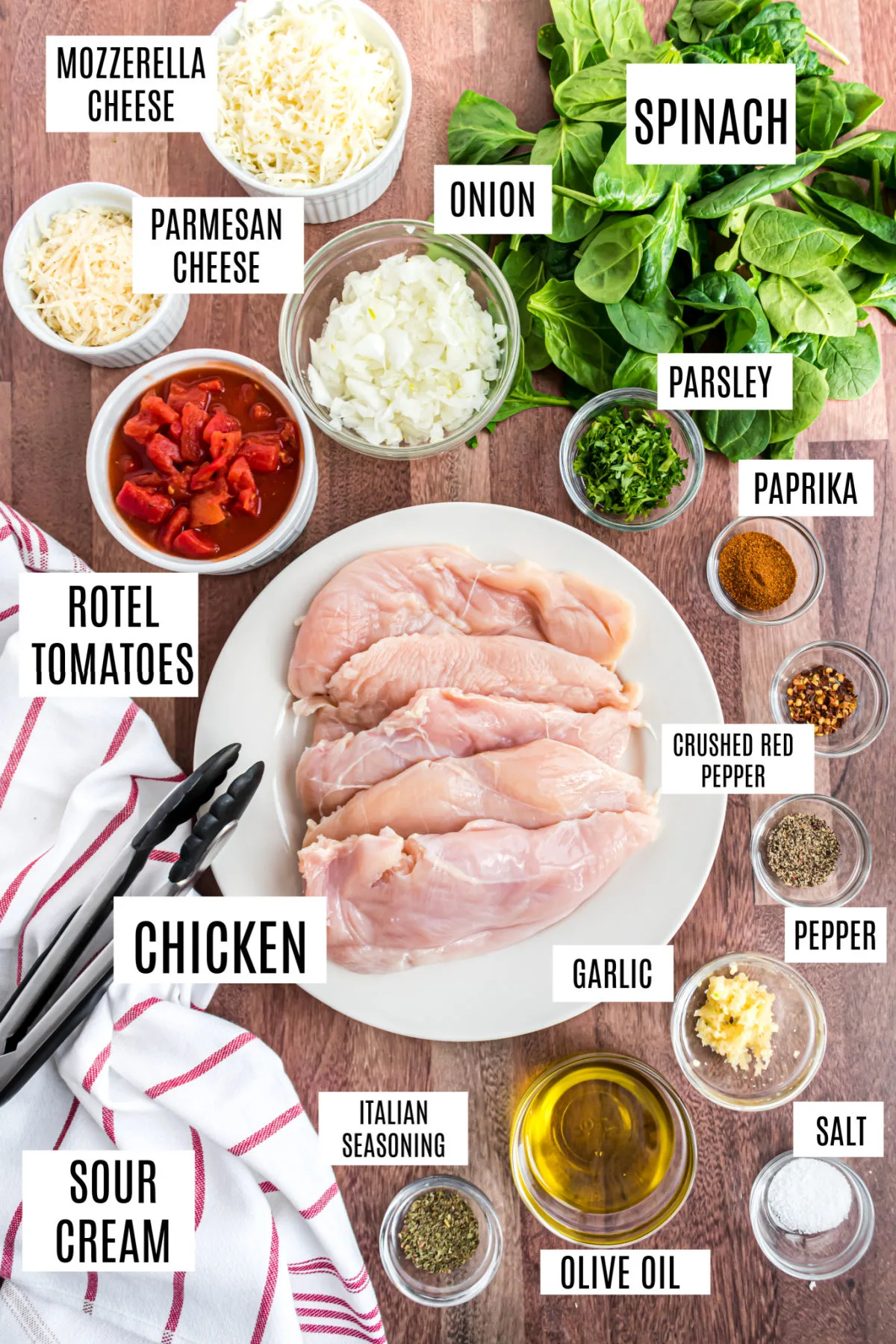 Ingredients needed for gluten free chicken spinach skillet recipe.
