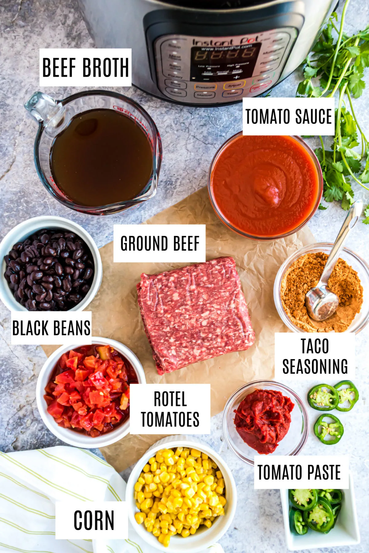 Ingredients needed for instant pot taco chili recipe.