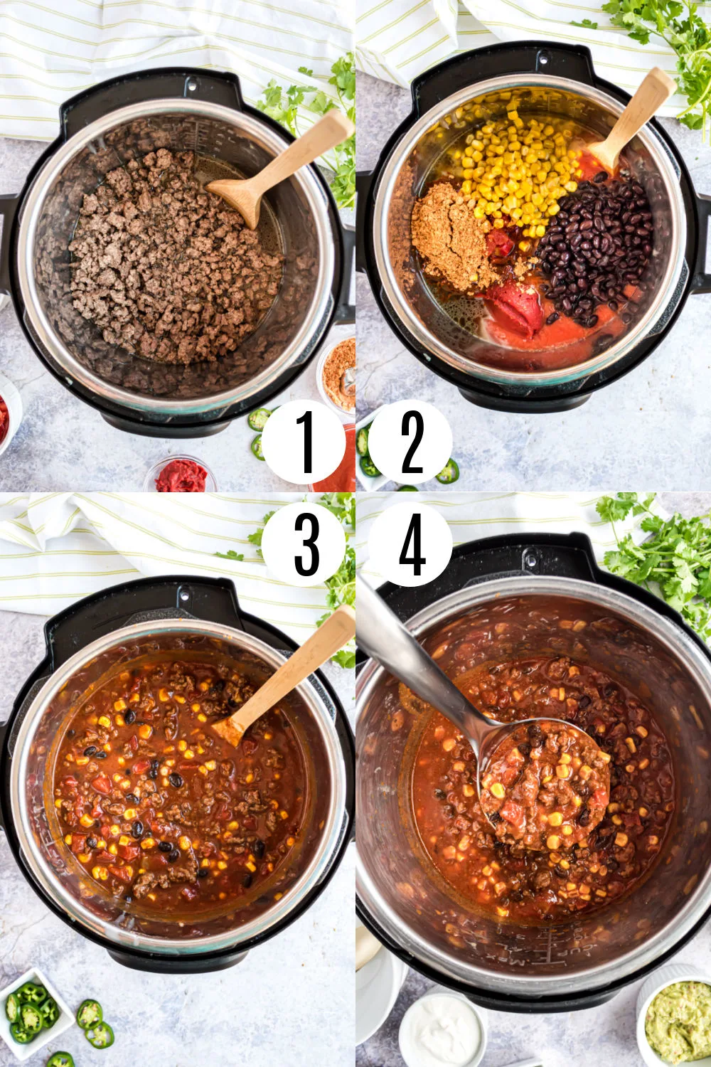Step by step photos showing how to make taco chili in the pressure cooker.