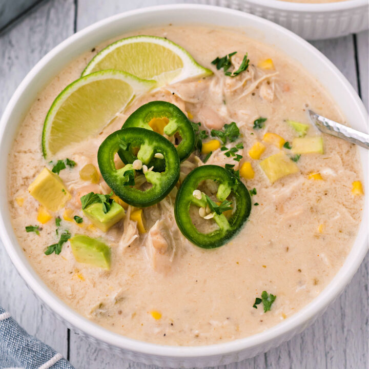 A steaming hot bowl of White Chicken Chili is the ultimate good-for-you comfort food! Fire up your Instant Pot and you'll have a hearty protein rich meal on the table in about 30 minutes!