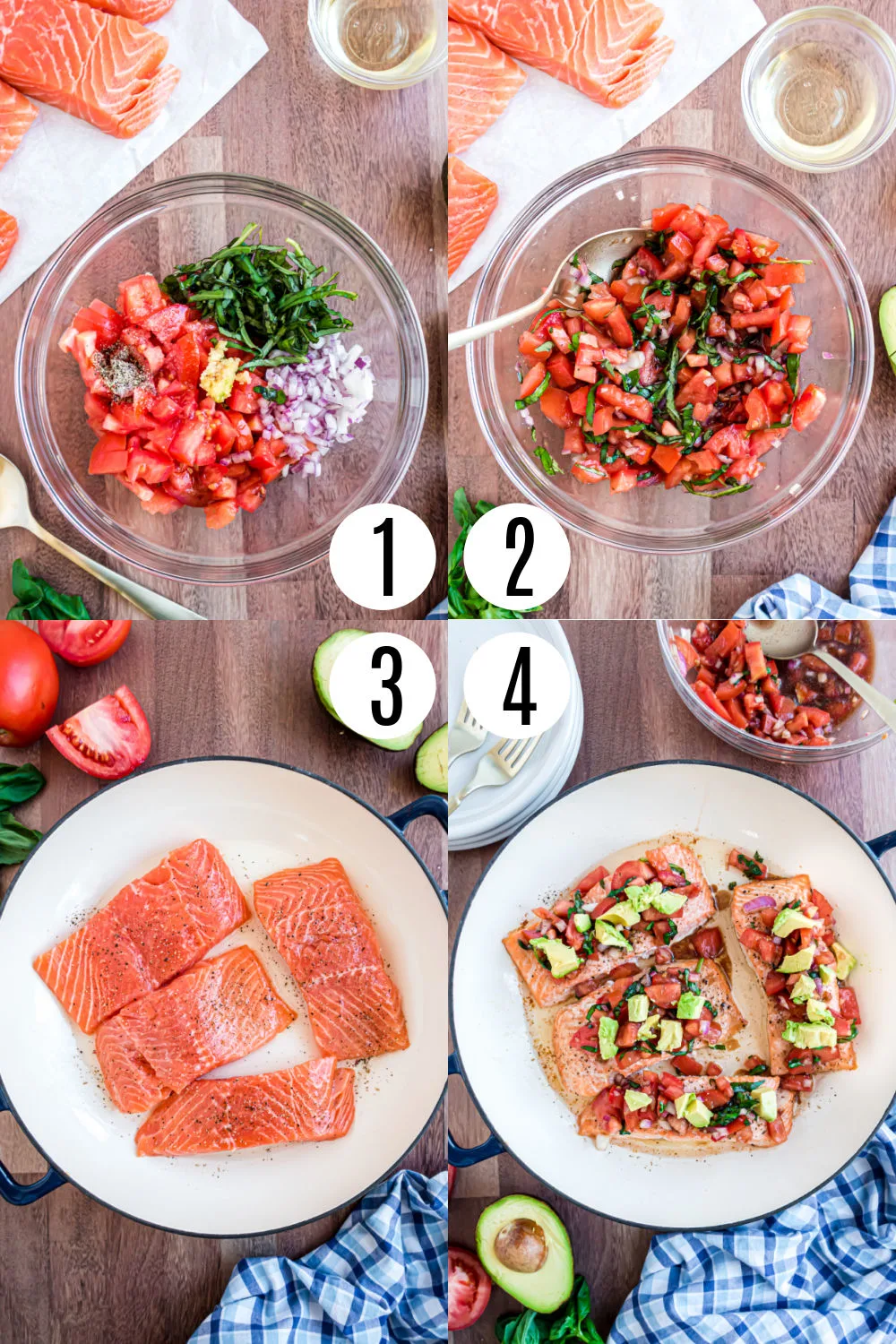Step by step photos showing how to make bruschetta salmon.