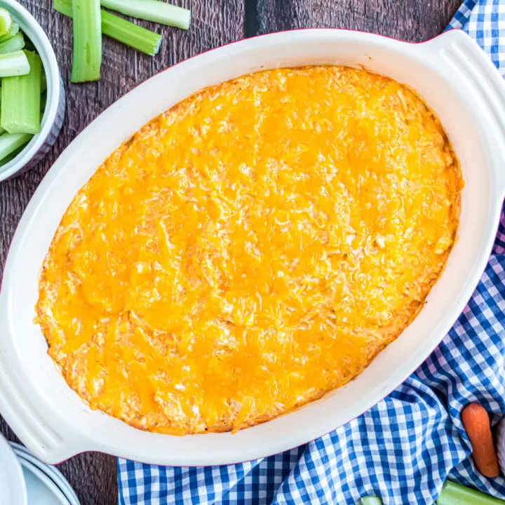 Buffalo Chicken Dip with just 5 ingredients! This easy chicken wing dip recipe has all the Buffalo chicken flavor you crave, with no added sugar.