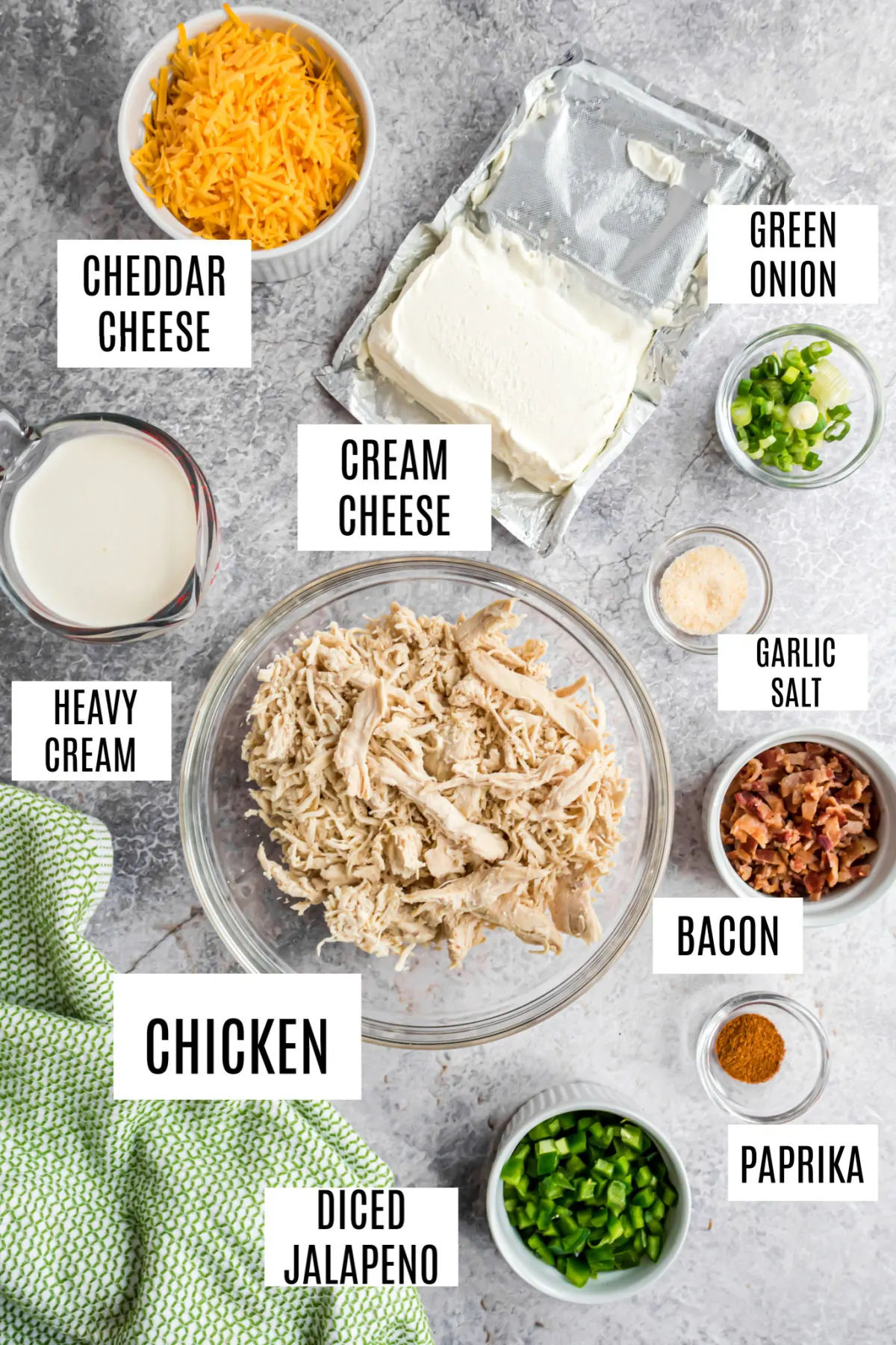 Ingredients needed to make jalapeno popper chicken.
