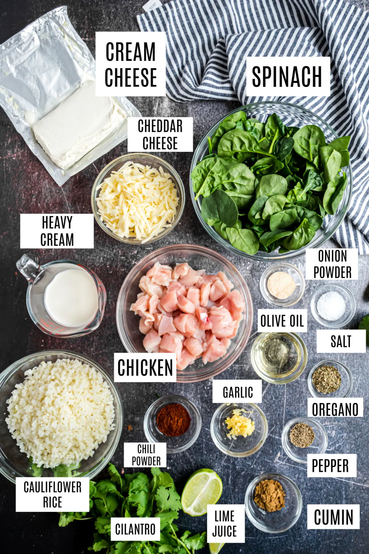 Ingredients needed for chicken and cauliflower rice casserole.