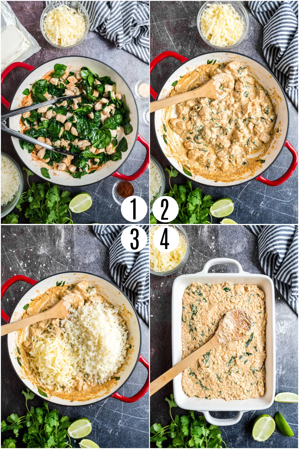 Step by step photos showing how to make chicken and cauliflower rice casserole.
