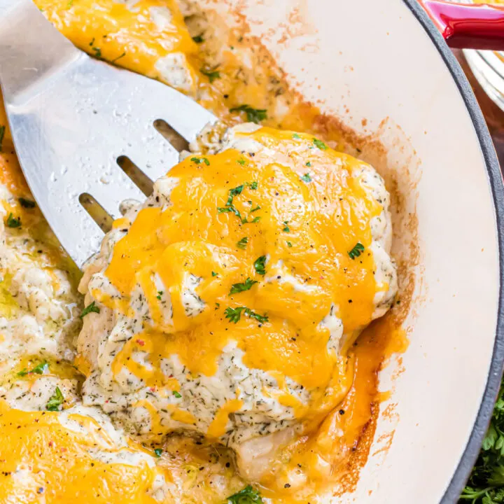 What's for dinner? How about this easy Baked Ranch Chicken? Chicken breasts are baked in a creamy sauce and plenty of ranch flavor! This family friendly main course is ready in under 30 minutes.
