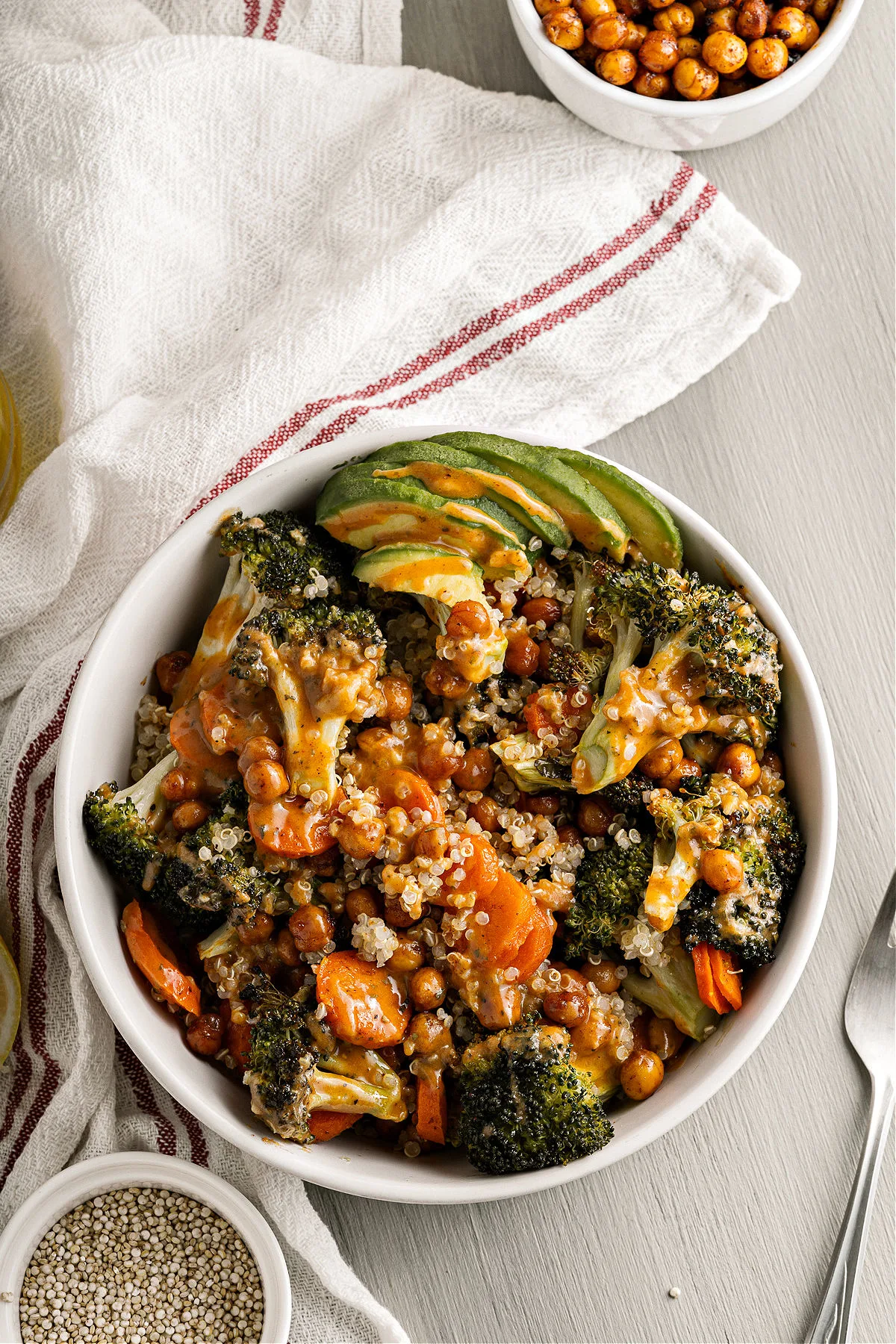 Broccoli buddha bowl with quinoa in a serving dish.