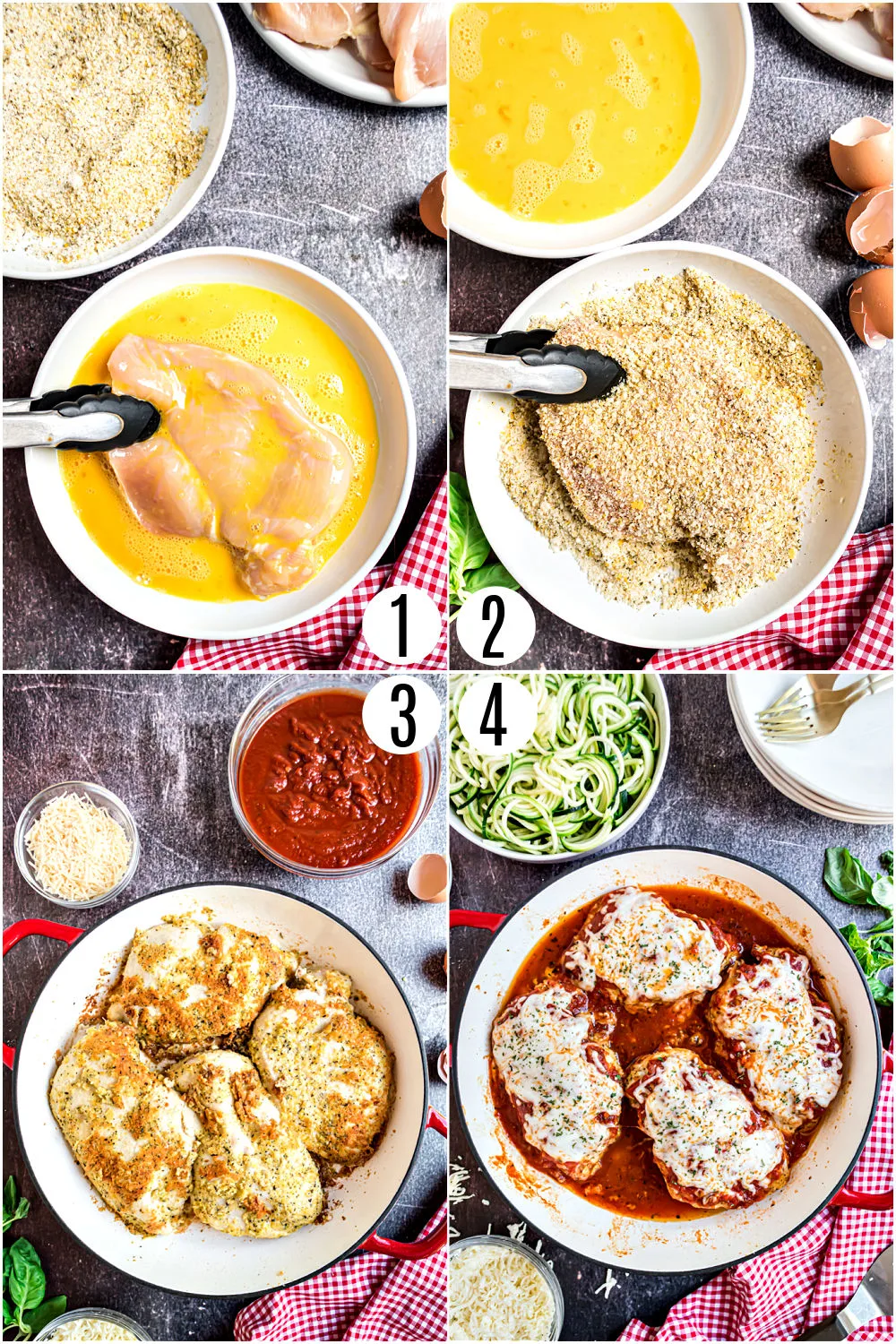 Step by step photos showing how to make gluten free chicken parmesan.