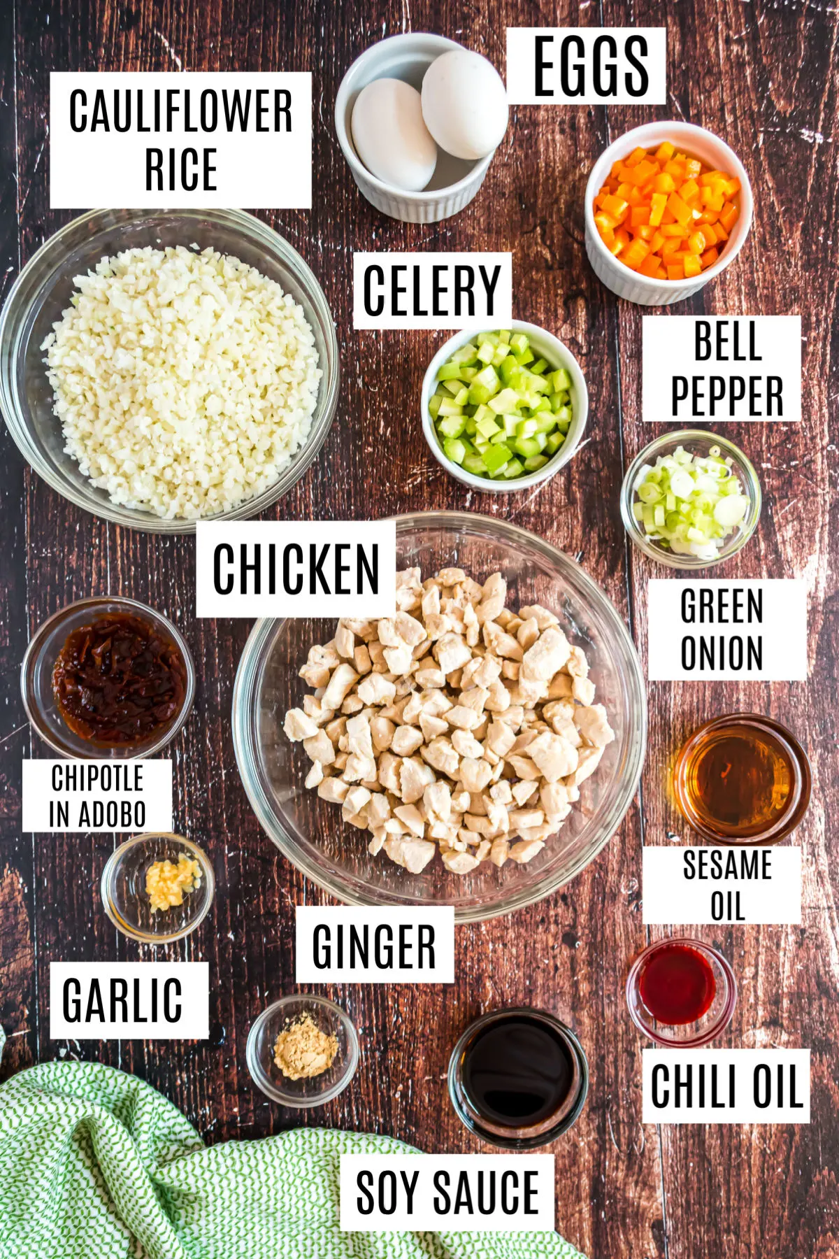 Ingredients needed for chicken fried rice with cauliflower.