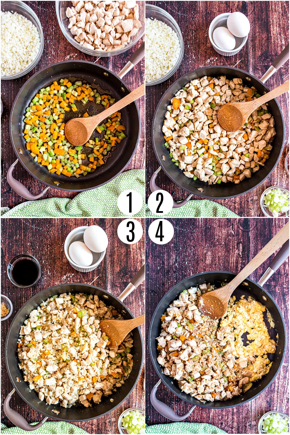 Step by step photos showing how to make cauliflower fried rice with chicken.