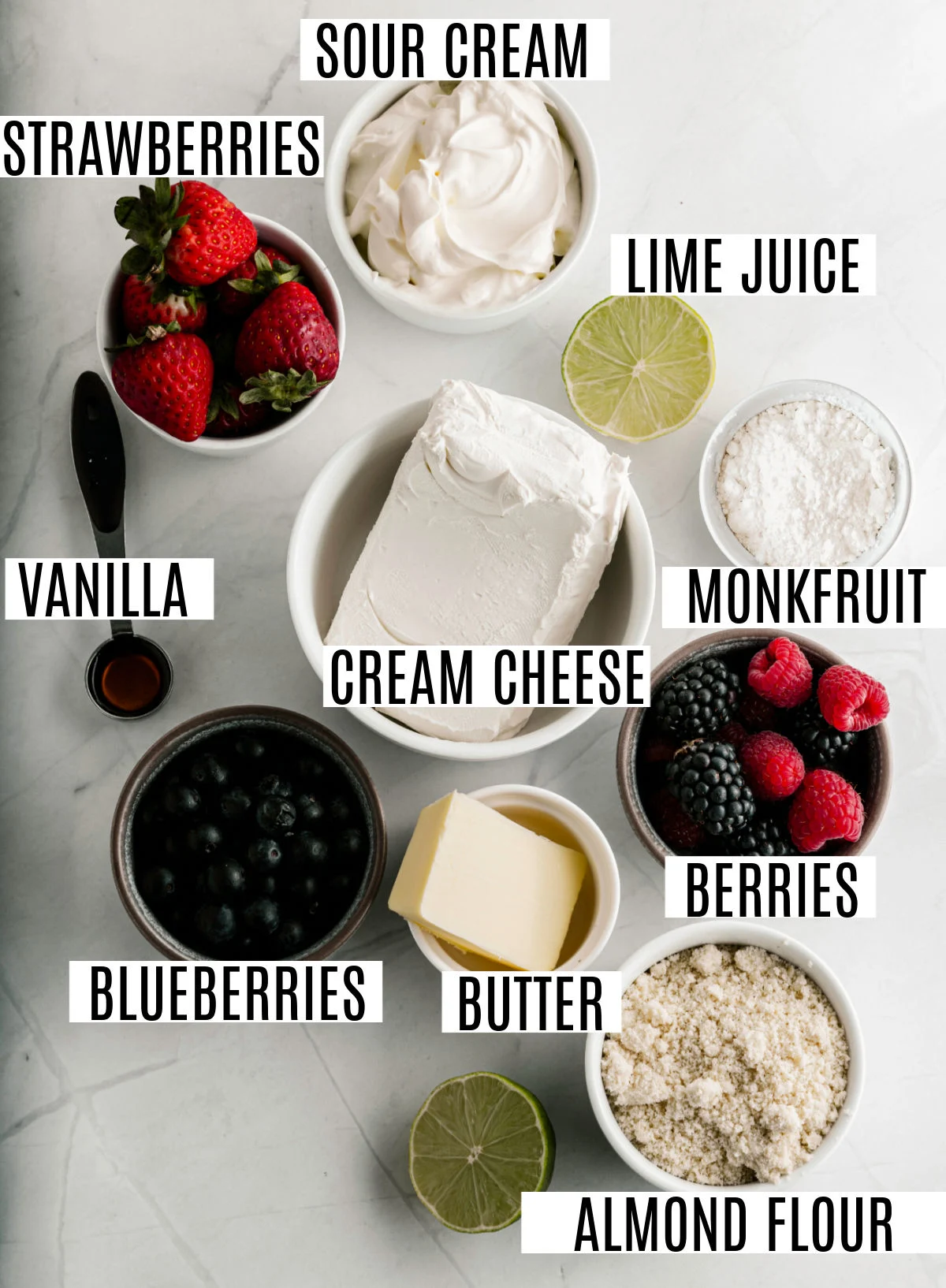 Ingredients needed for no bake berry cheesecake bars.