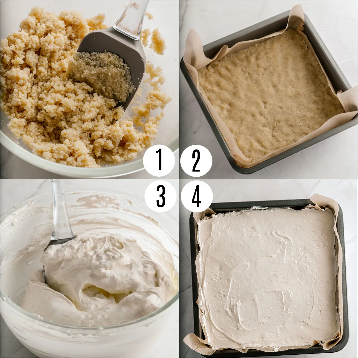 Step by step photos showing how to make gluten free cheesecake bars.