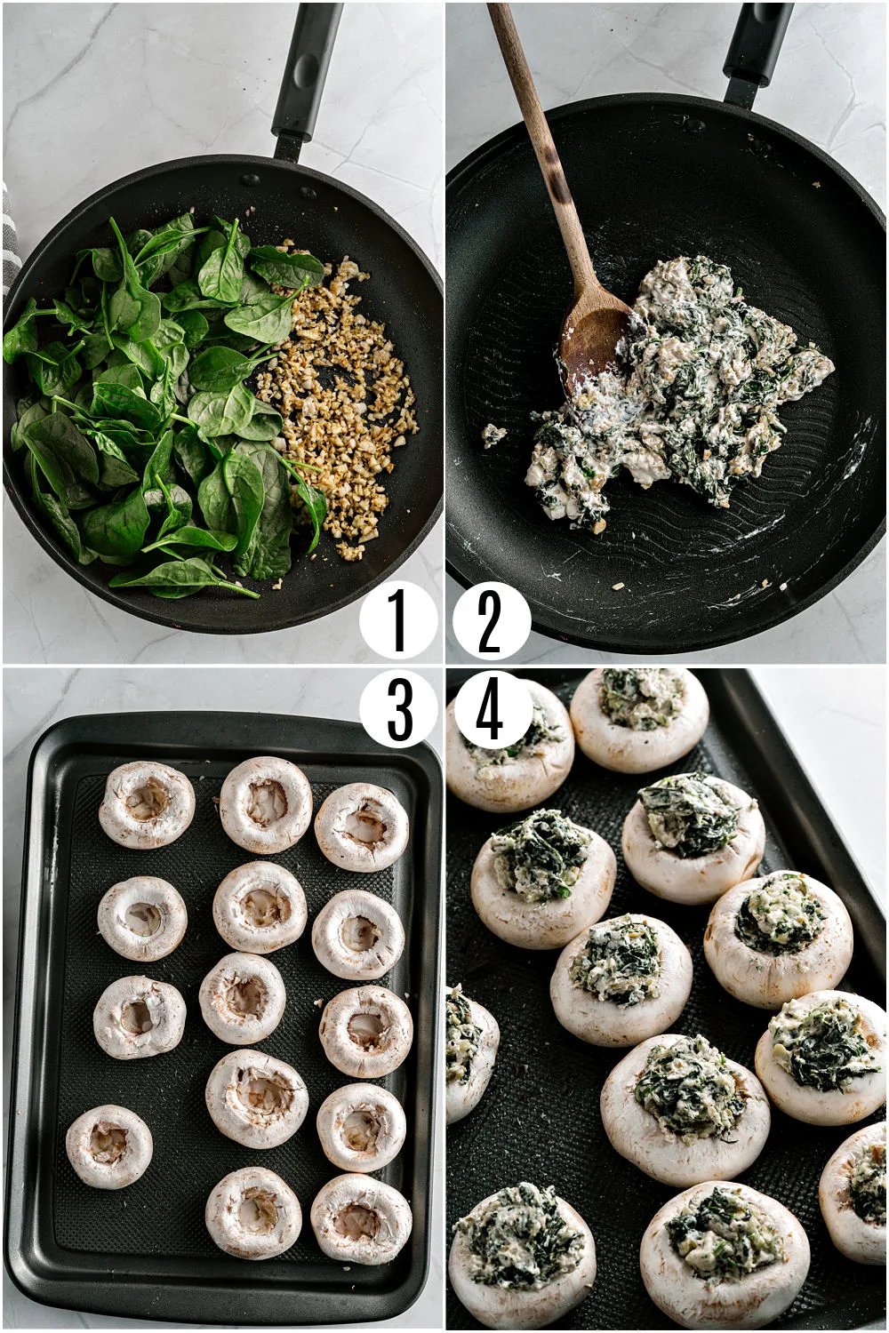 Step by step photos showing how to make stuffed mushrooms.