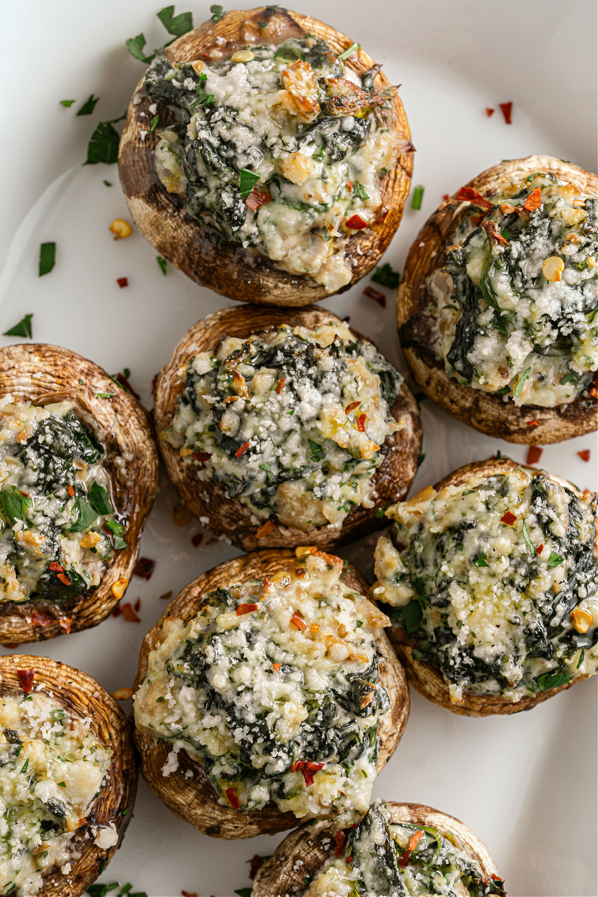 Stuffed mushrooms on a white plate with baked cheese on top.