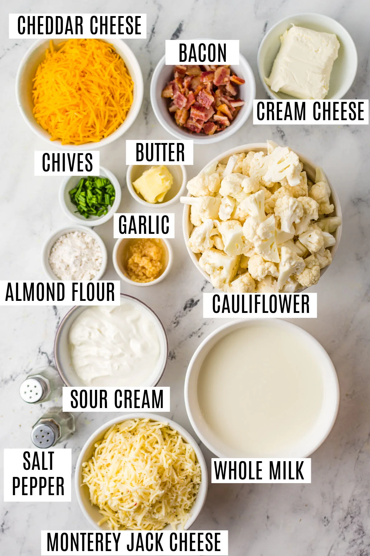 Ingredients needed to make loaded cauliflower casserole.