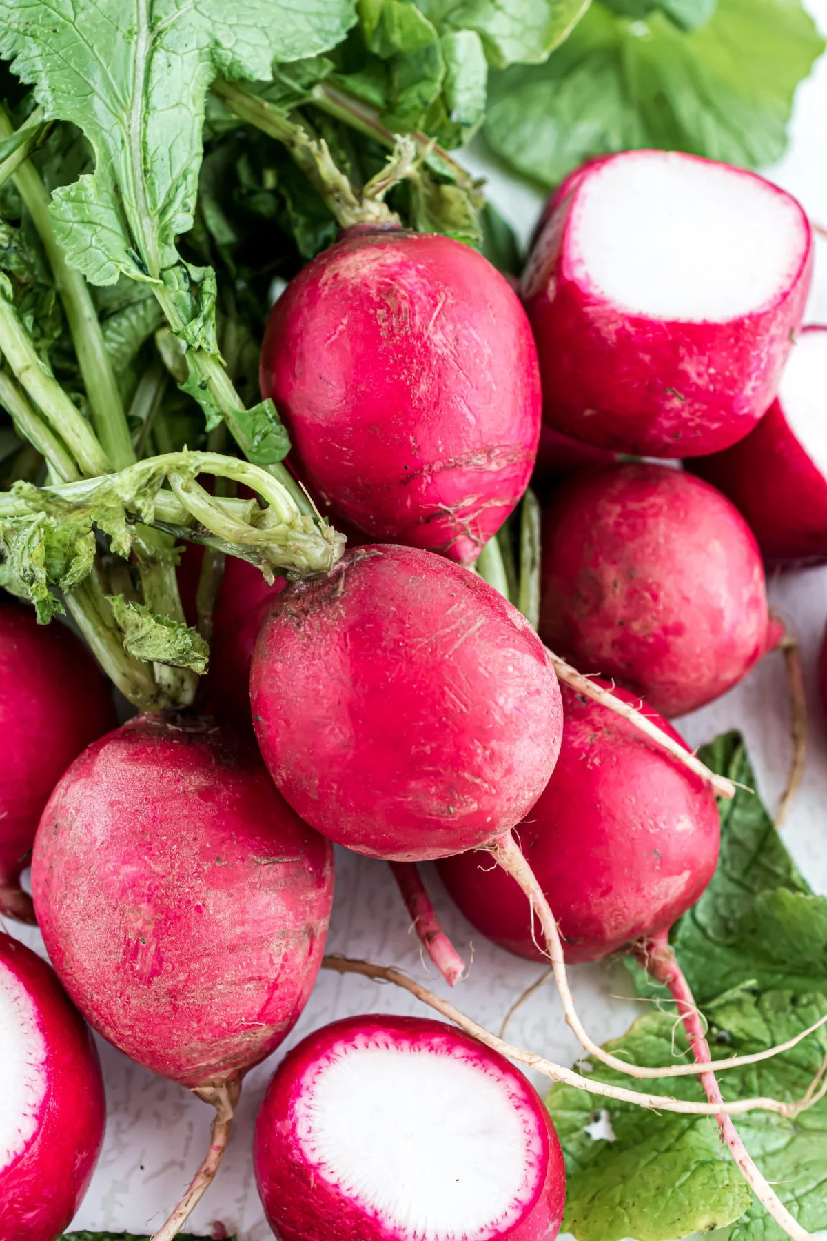 A bunch of radishes with stems.