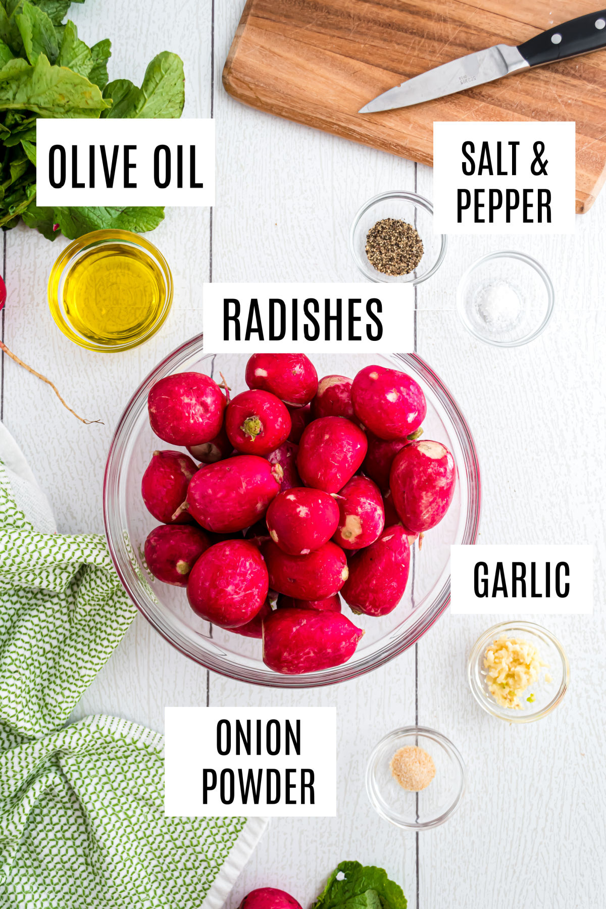 Ingredients needed to make roasted radishes with garlic and herbs.