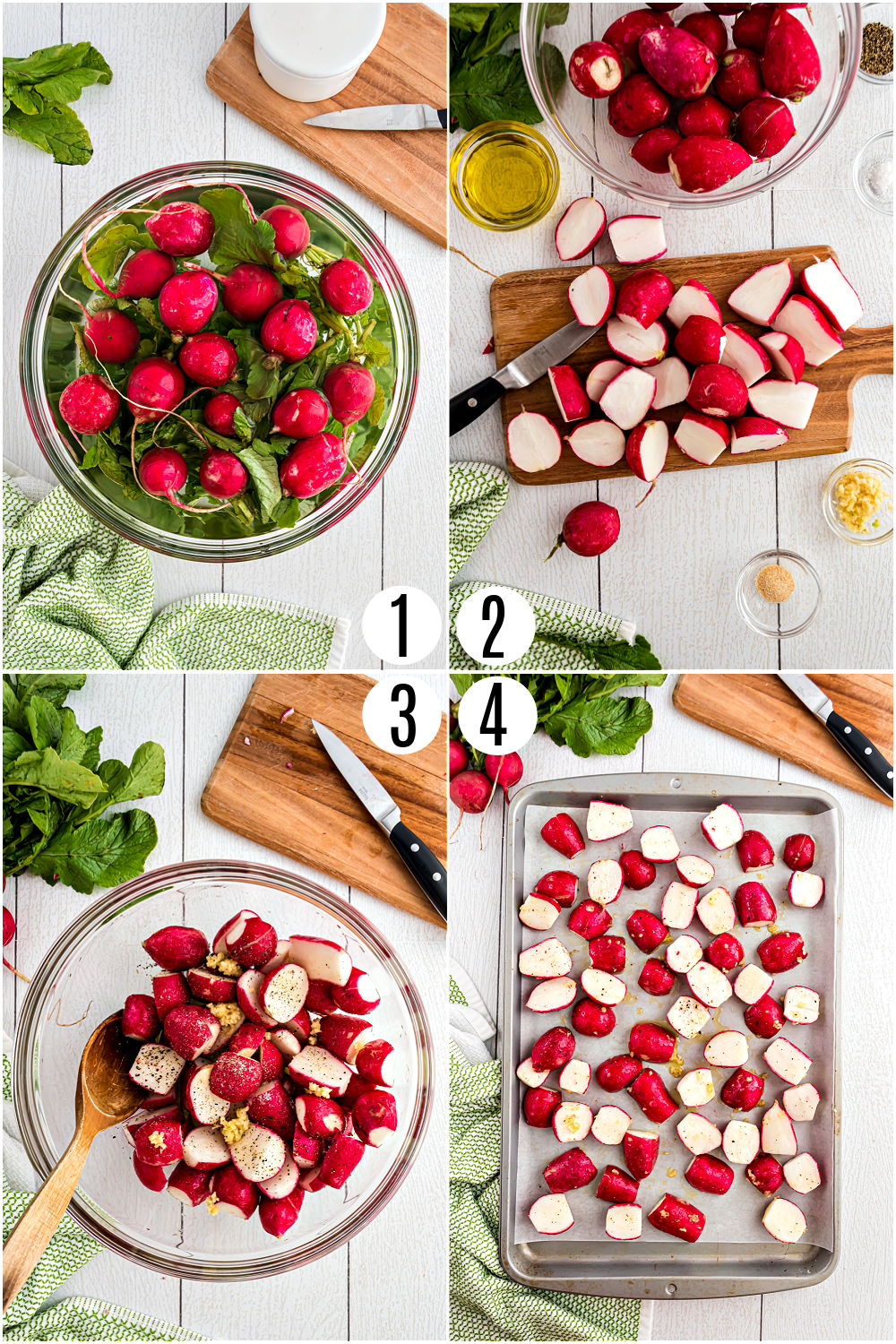 Step by step photos showing how to roast radishes.
