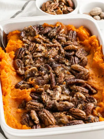 Sweet potato casserole topped with sugar free pecan topping.