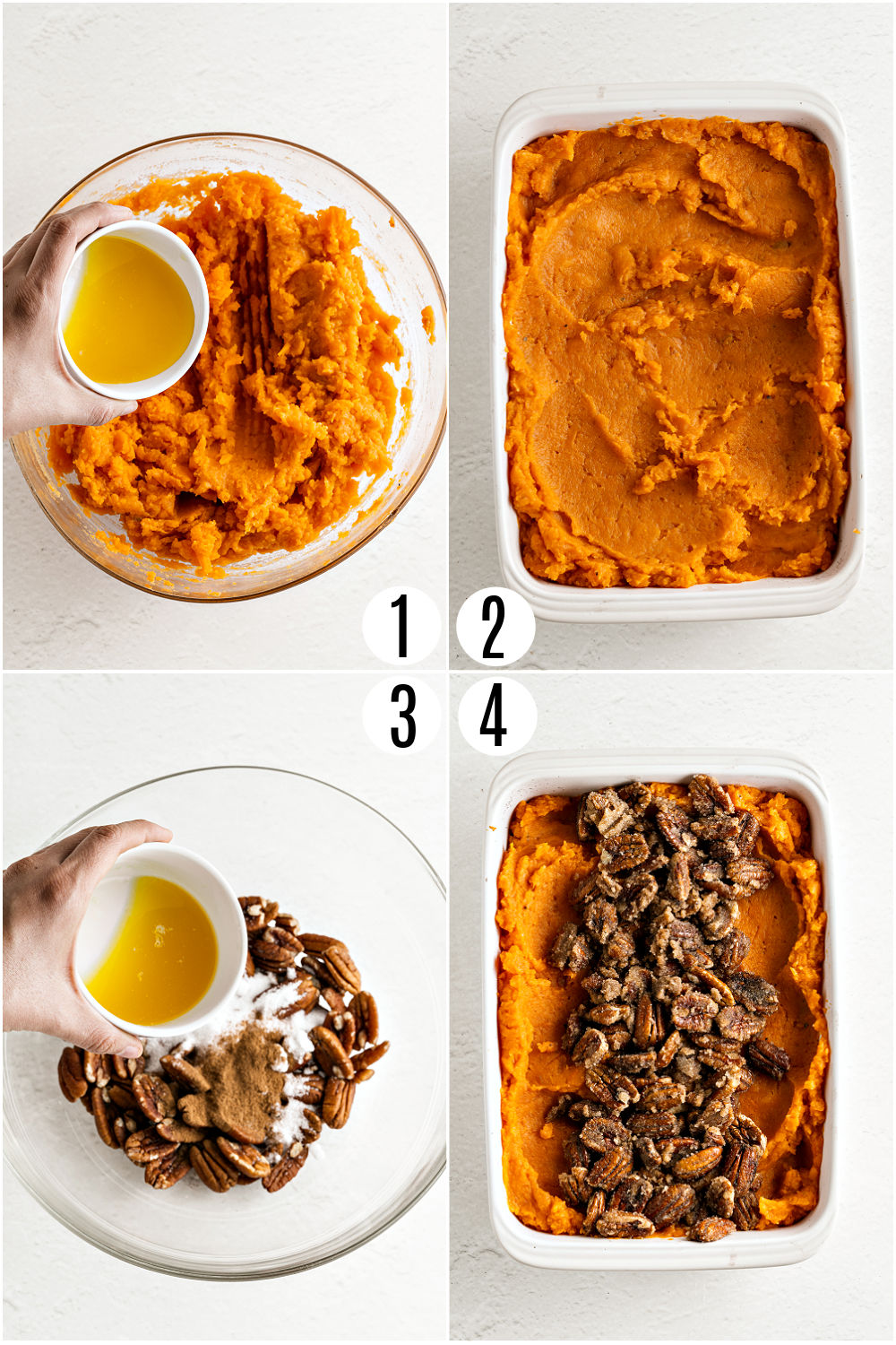 Step by step photos showing how to make sweet potato casserole.