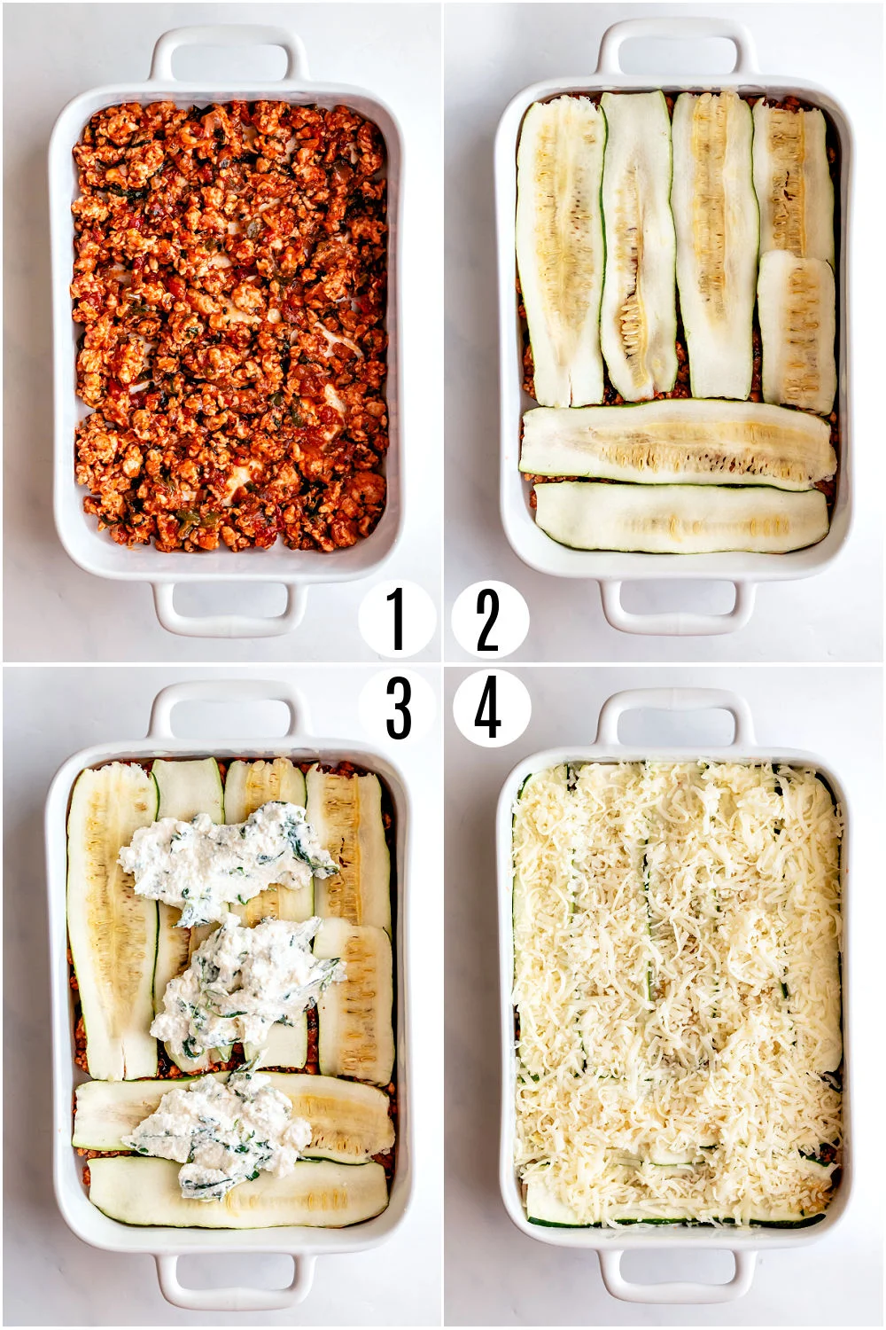 Step by step photos showing how to assemble zucchini lasagna.