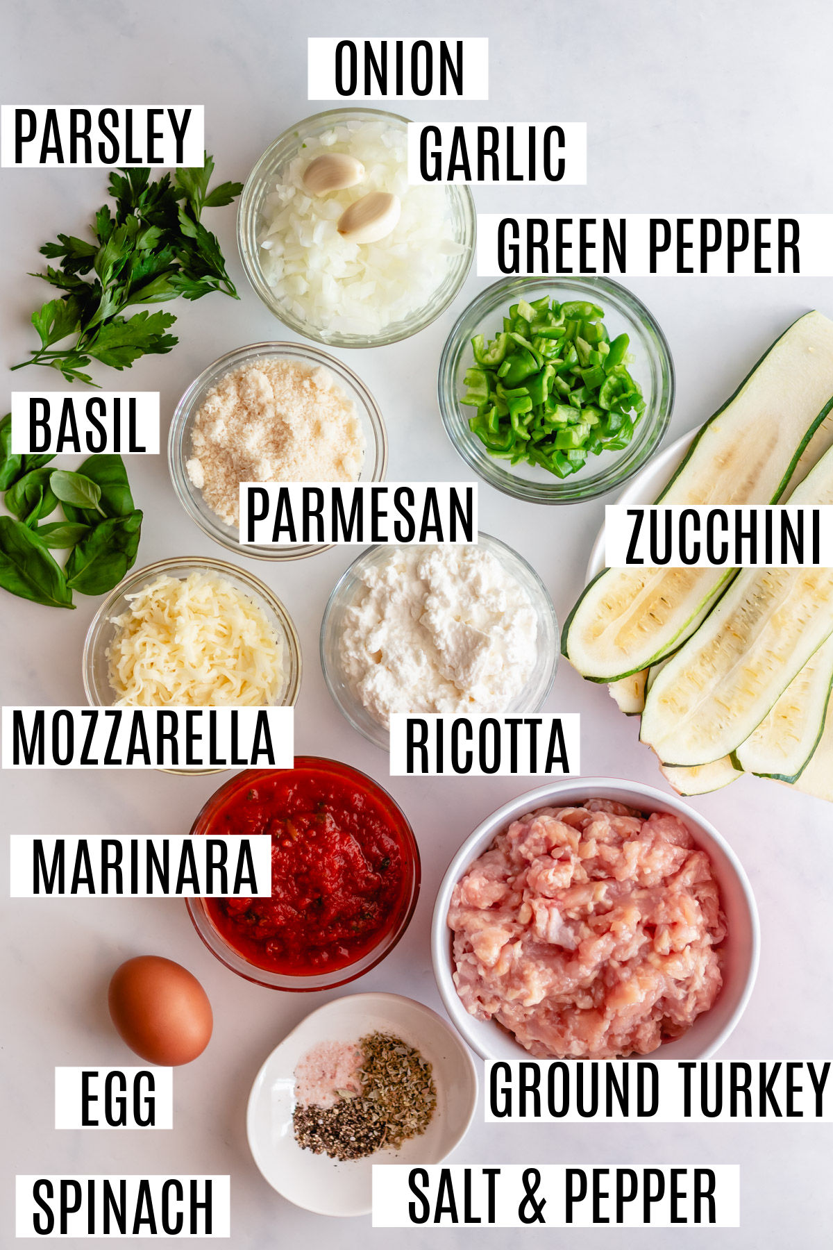 Ingredients needed for zucchini lasagna with ground turkey.