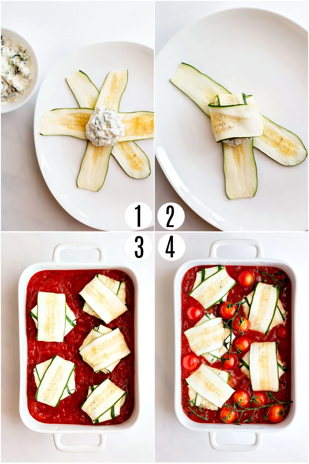 Step by step photos showing how to assemble zucchini rollups.