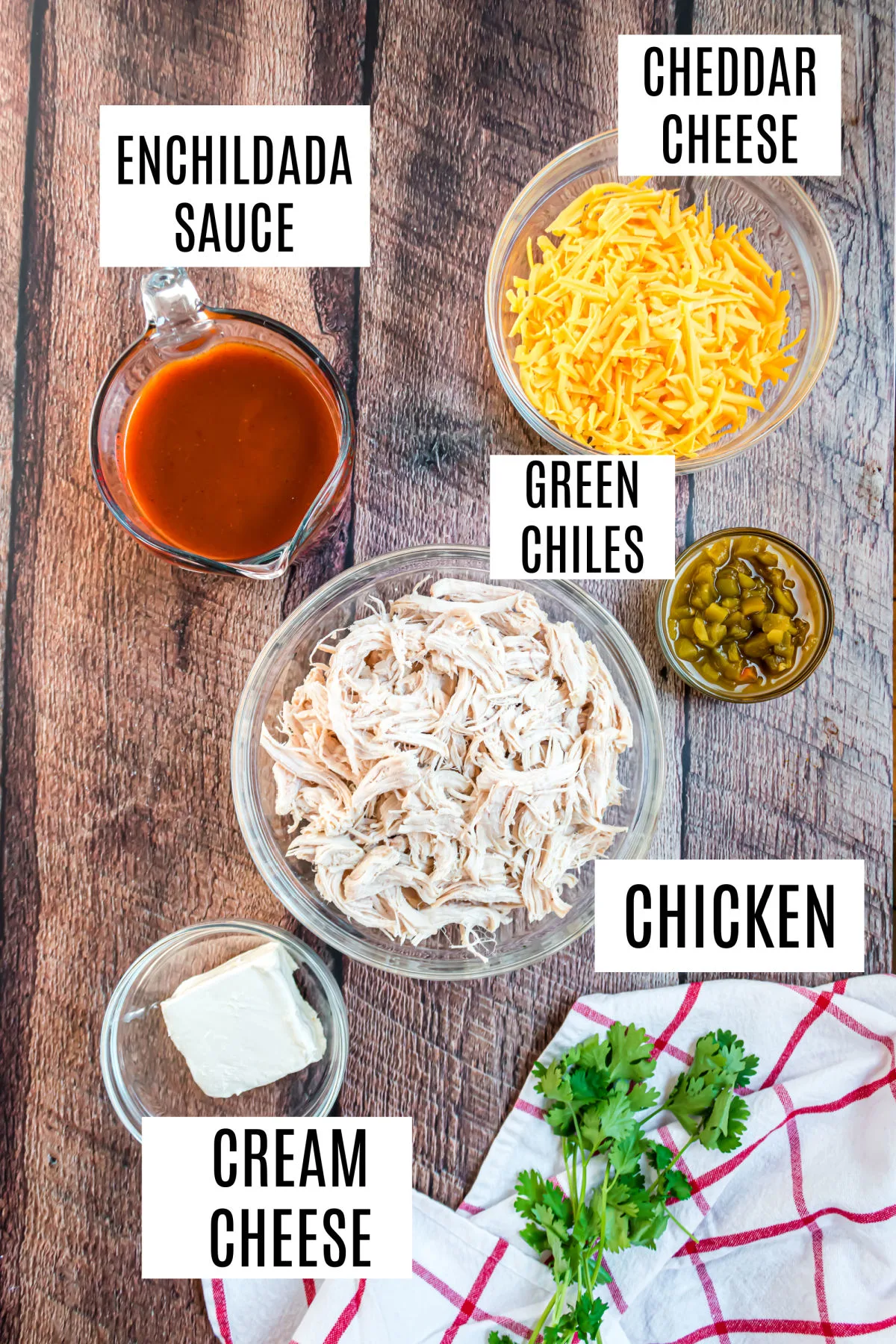 Ingredients needed to make chicken enchilada casserole recipe.