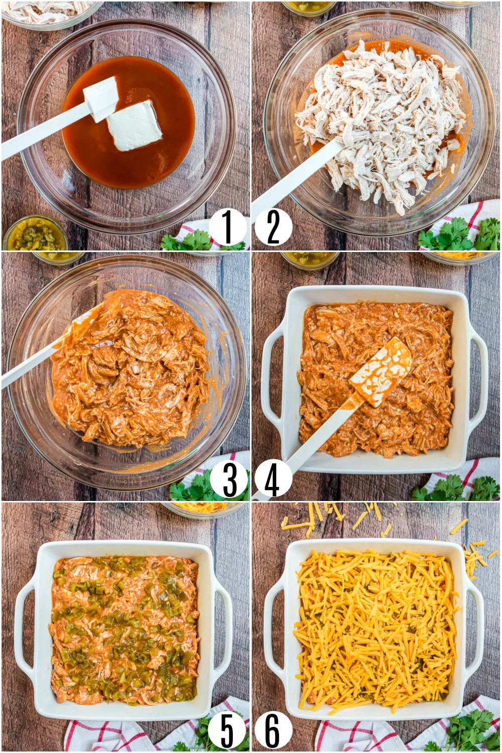 Step by step photos showing how to make keto enchilada casserole.