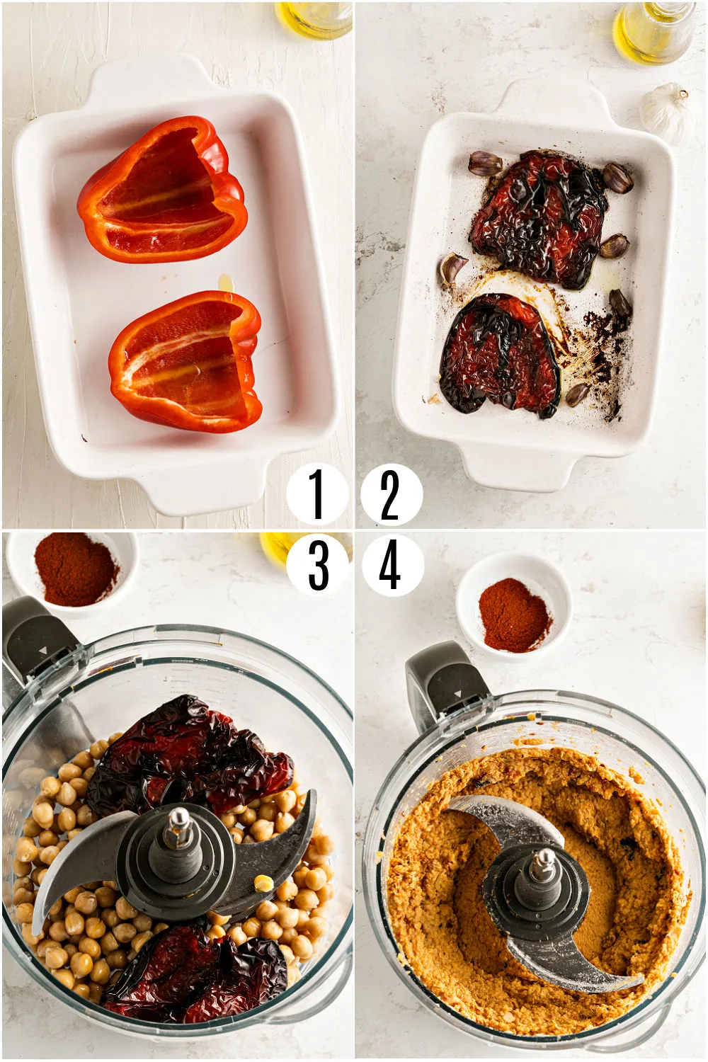Step by step photos showing how to make chipotle hummus with roasted red peppers.