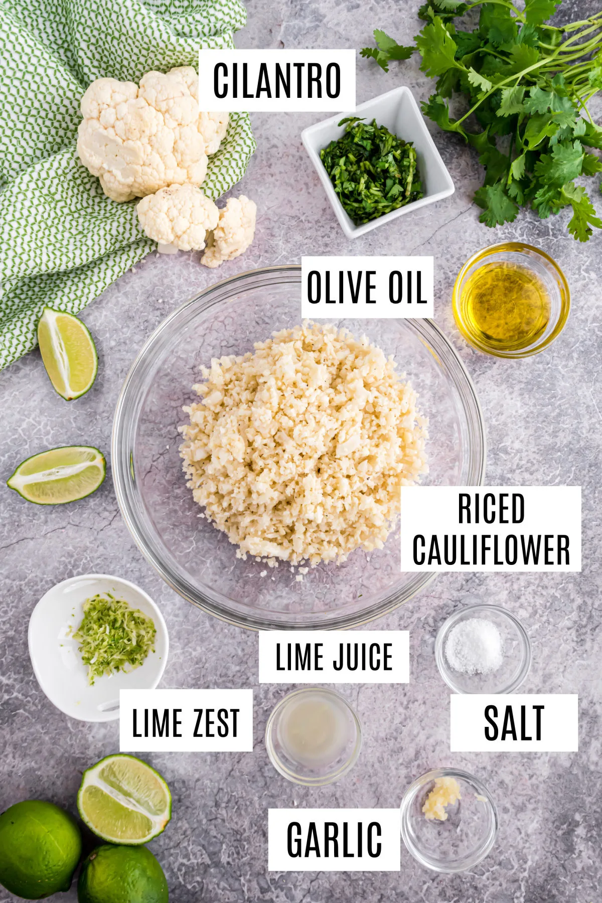 Cilantro lime cauliflower rice recipe ingredients.