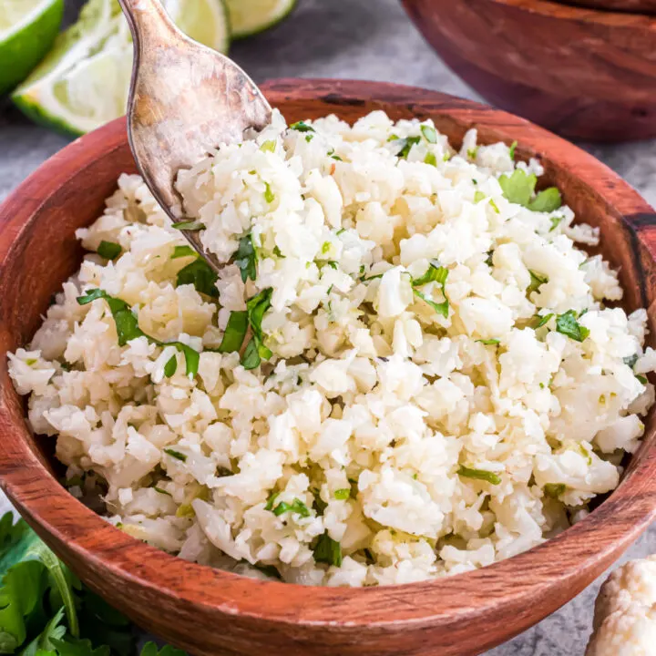 Elevate your cauliflower rice to new heights with this lightened up version of a restaurant favorite. Cilantro Lime Cauliflower Rice has a hint of tang and a pop of freshness, making it a delicious addition to any Mexican meal.
