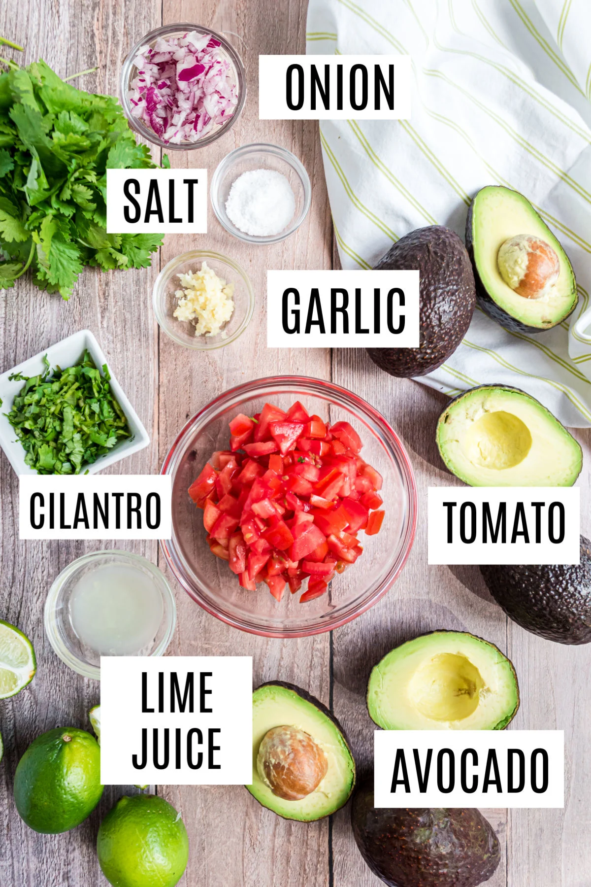 Ingredients needed for homemade guacamole recipe.