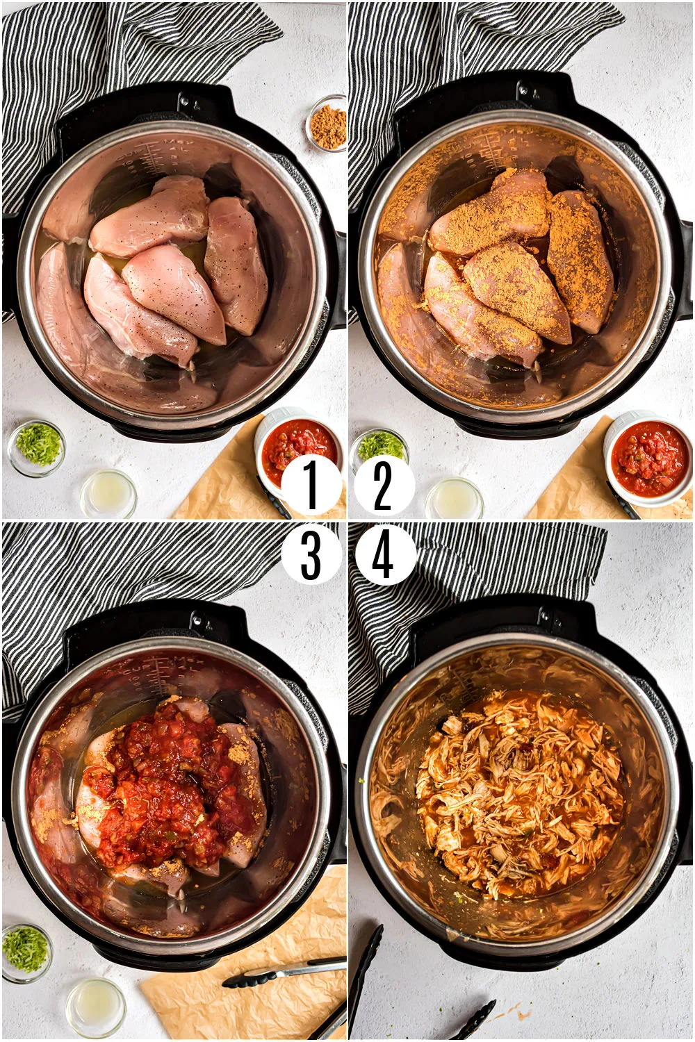 Step by step photos showing how to make chicken tacos in the instant pot.