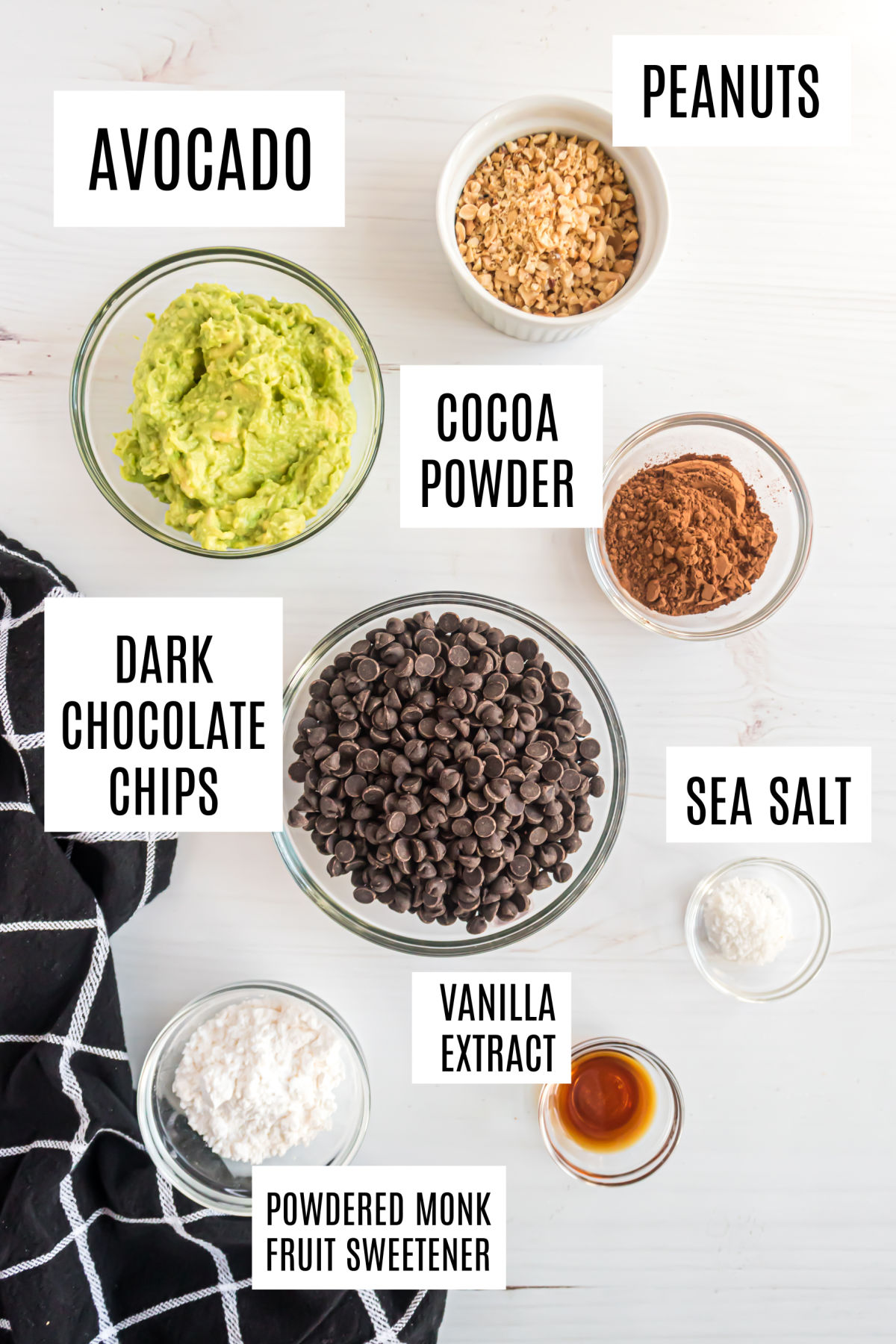 Ingredients needed for avocado truffles.