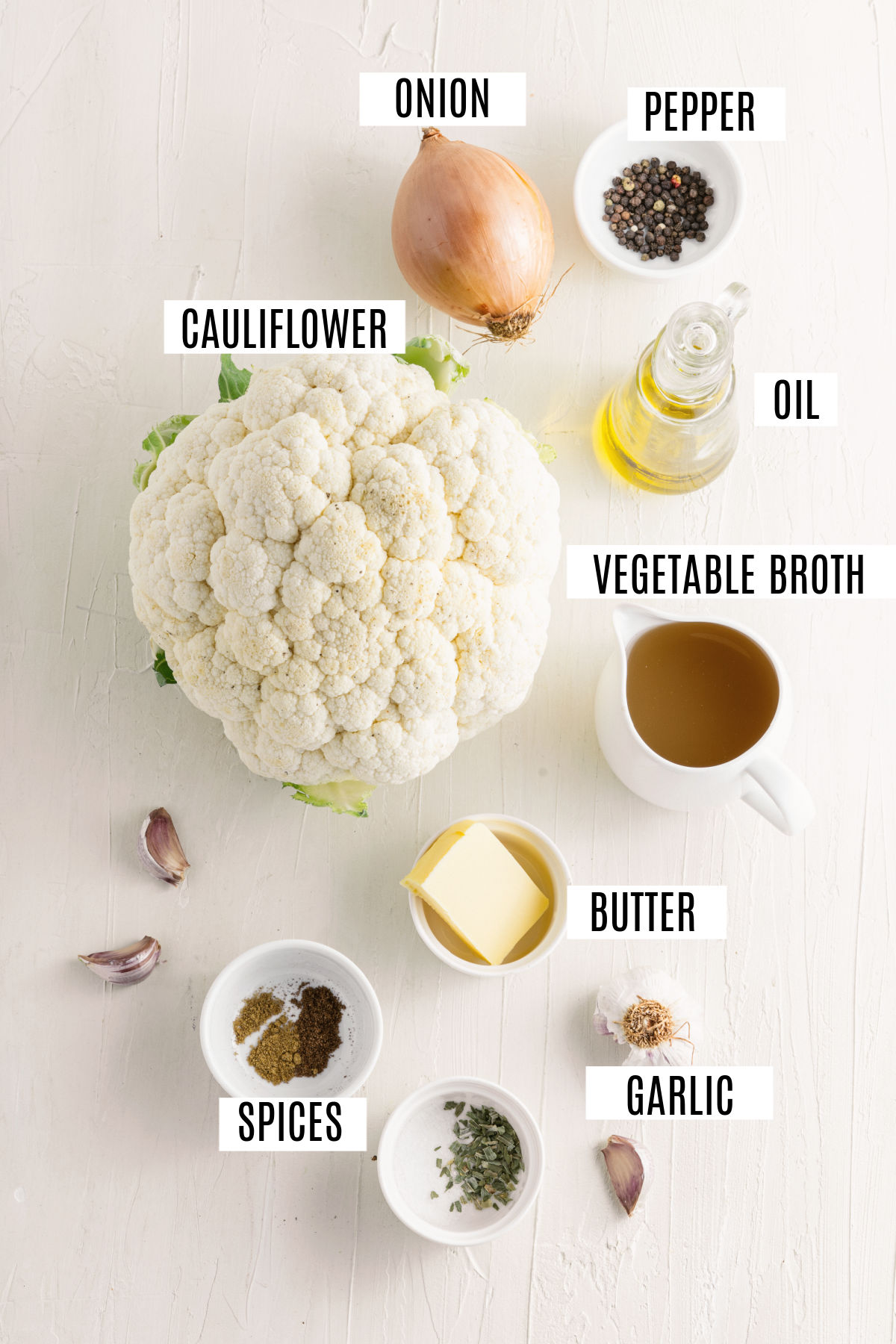 Ingredients needed to make cauliflower soup.