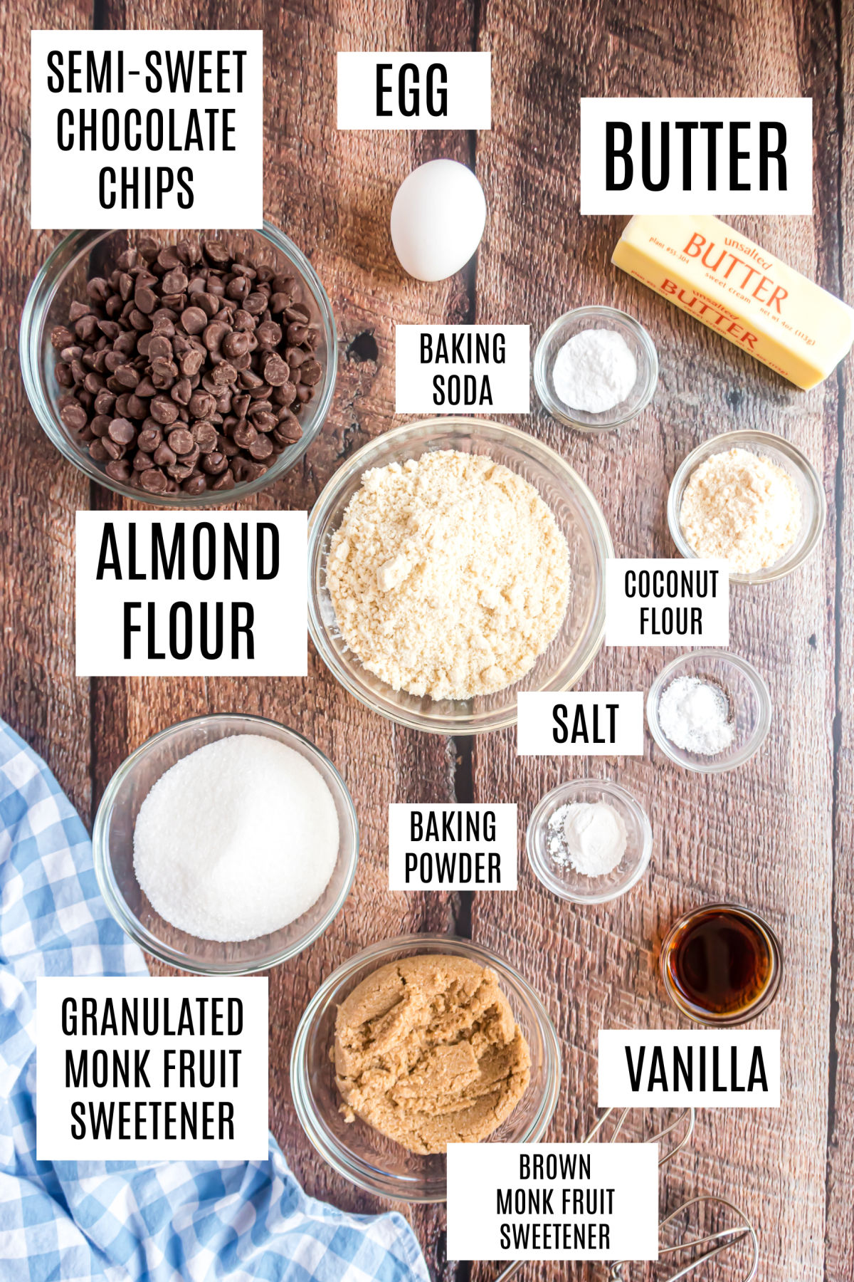 Ingredients needed for sugar free chocolate chip cookies.