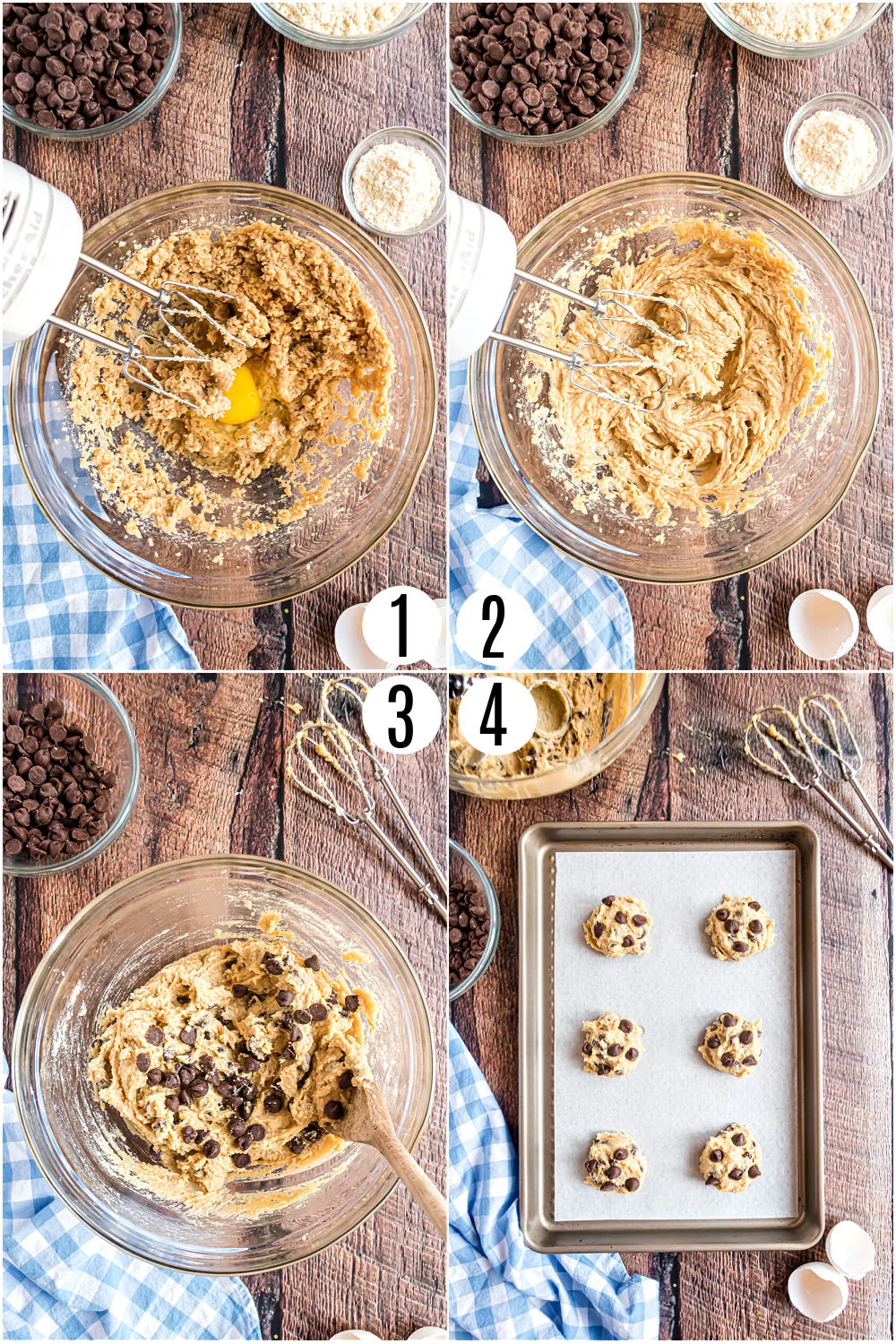 Step by step photos showing how to make keto chocolate chip cookies.