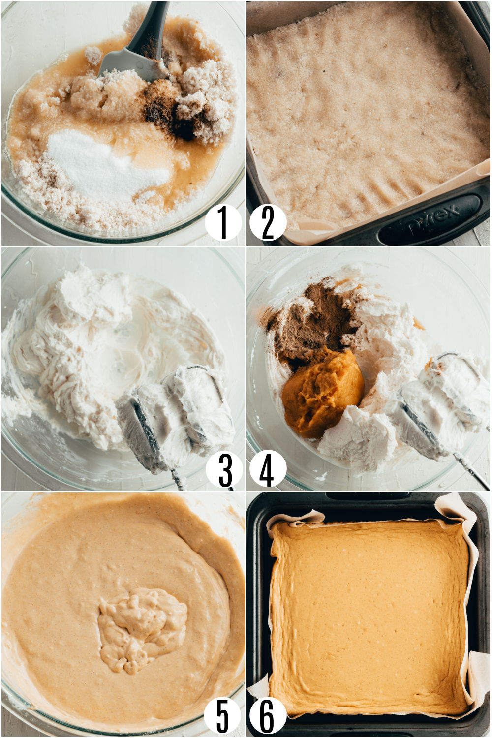 Step by step photos showing how to make keto pumpkin cheesecake.