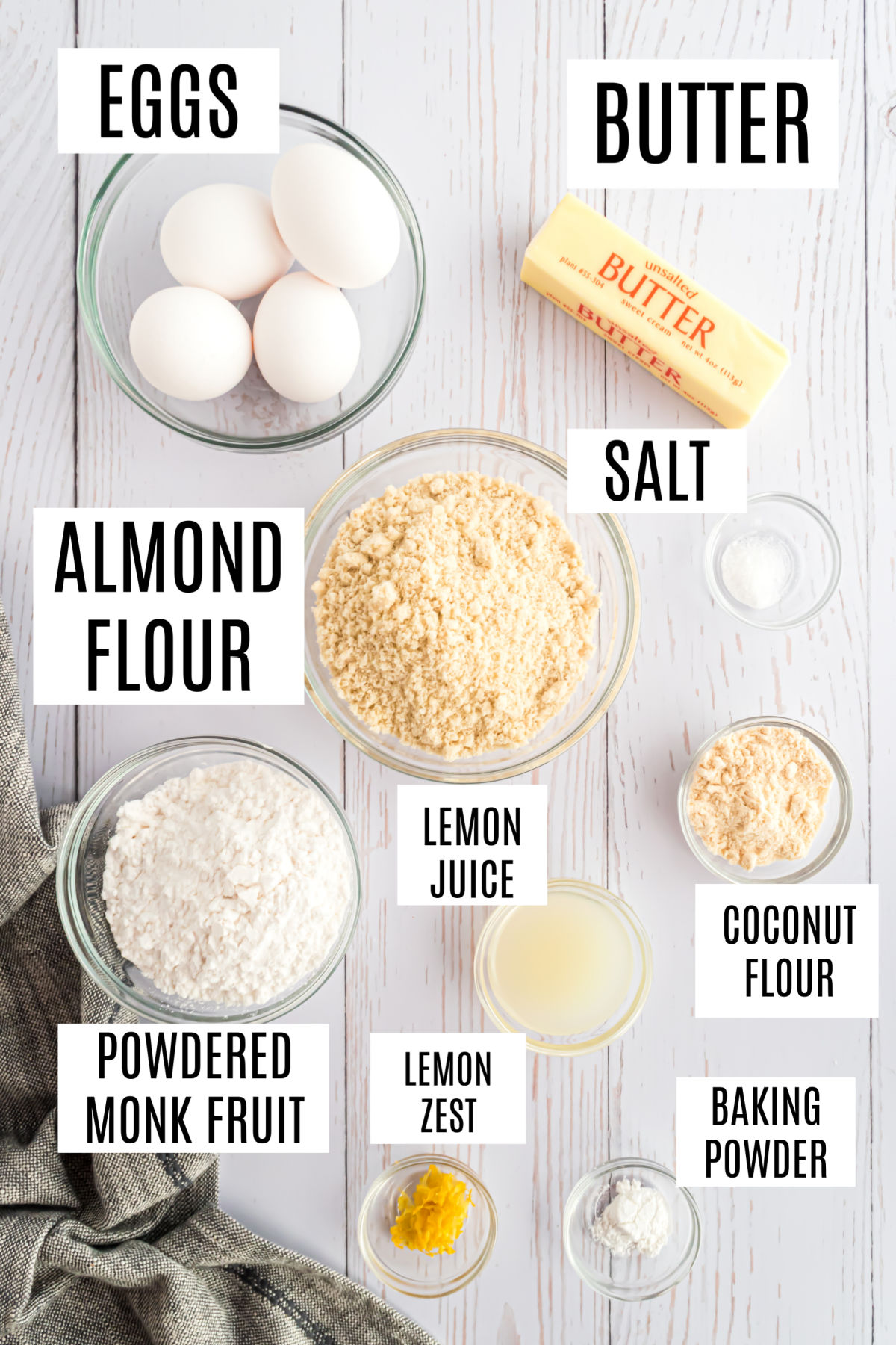 Ingredients needed to make keto lemon bar recipe.